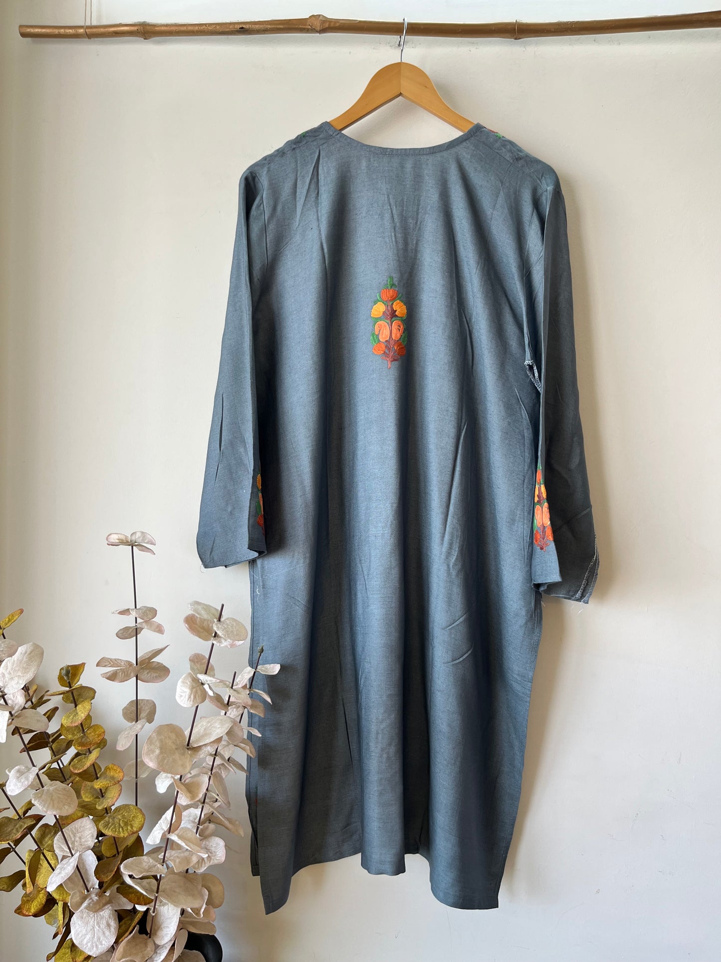 Greyish Blue Semi Stitched Tabee Silk Aari Work Kurti