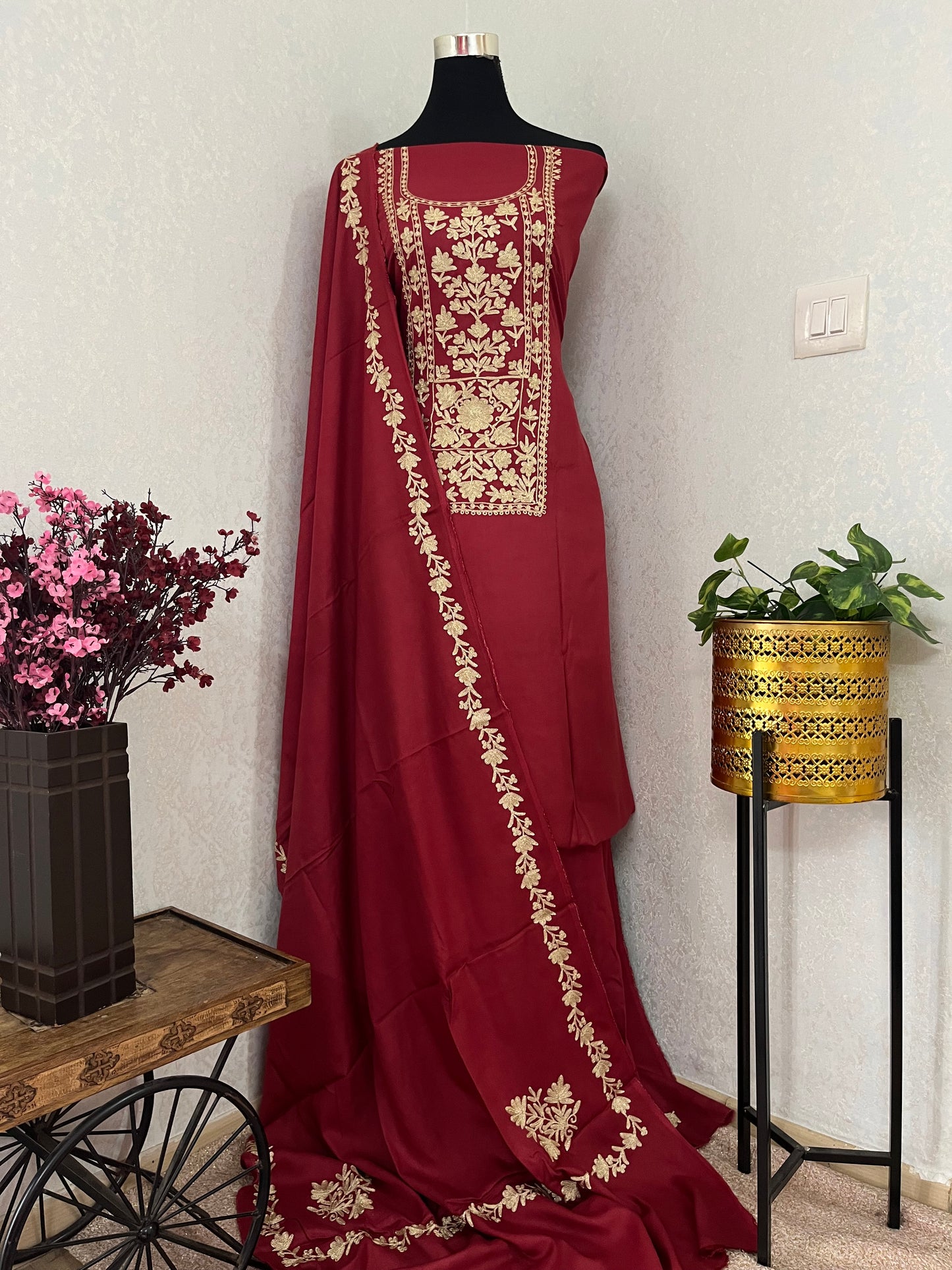 Maroon Silk Pashmina Kashmiri Suit