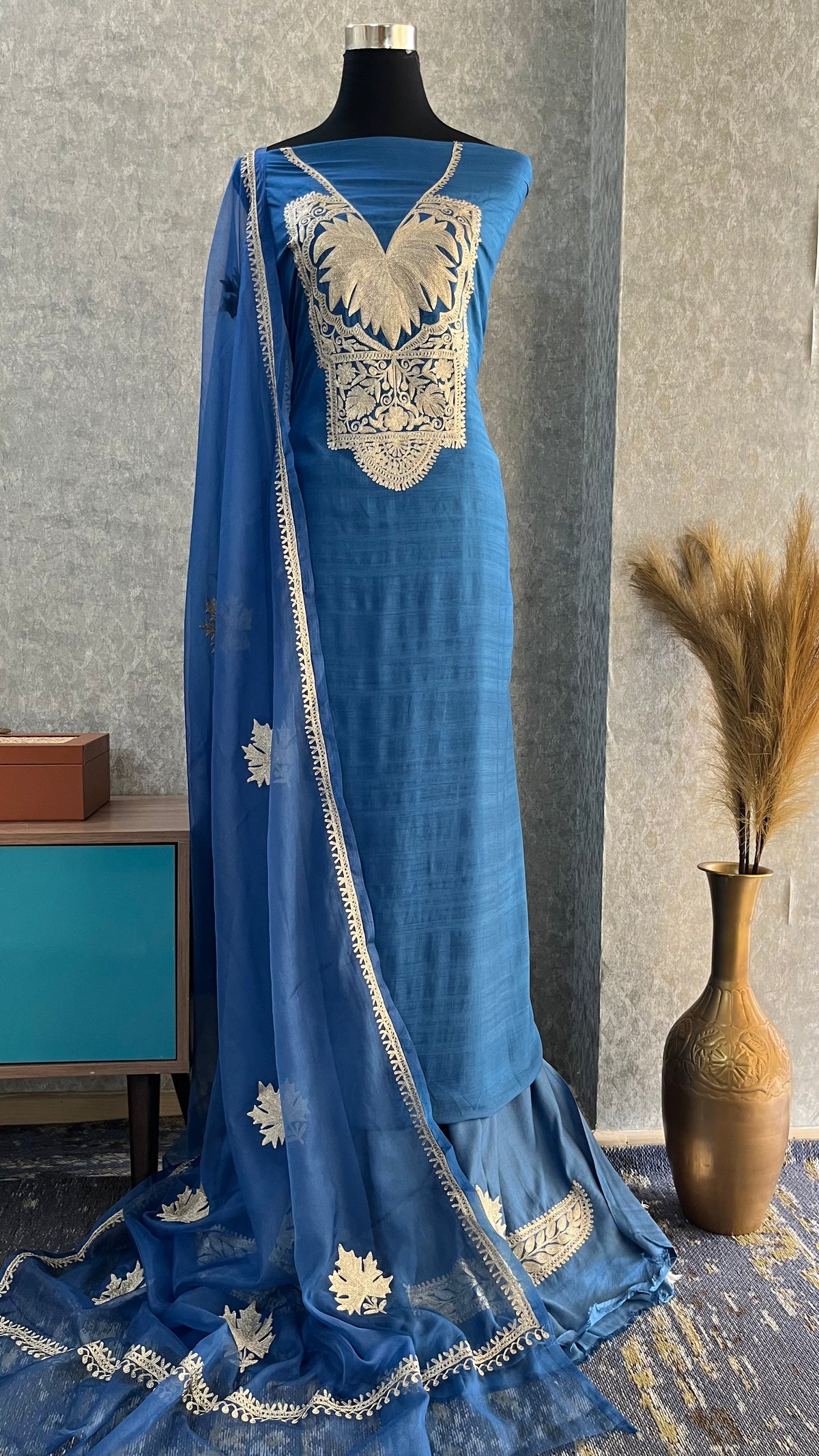 Indigo Silk Tilla Embroidered Suit