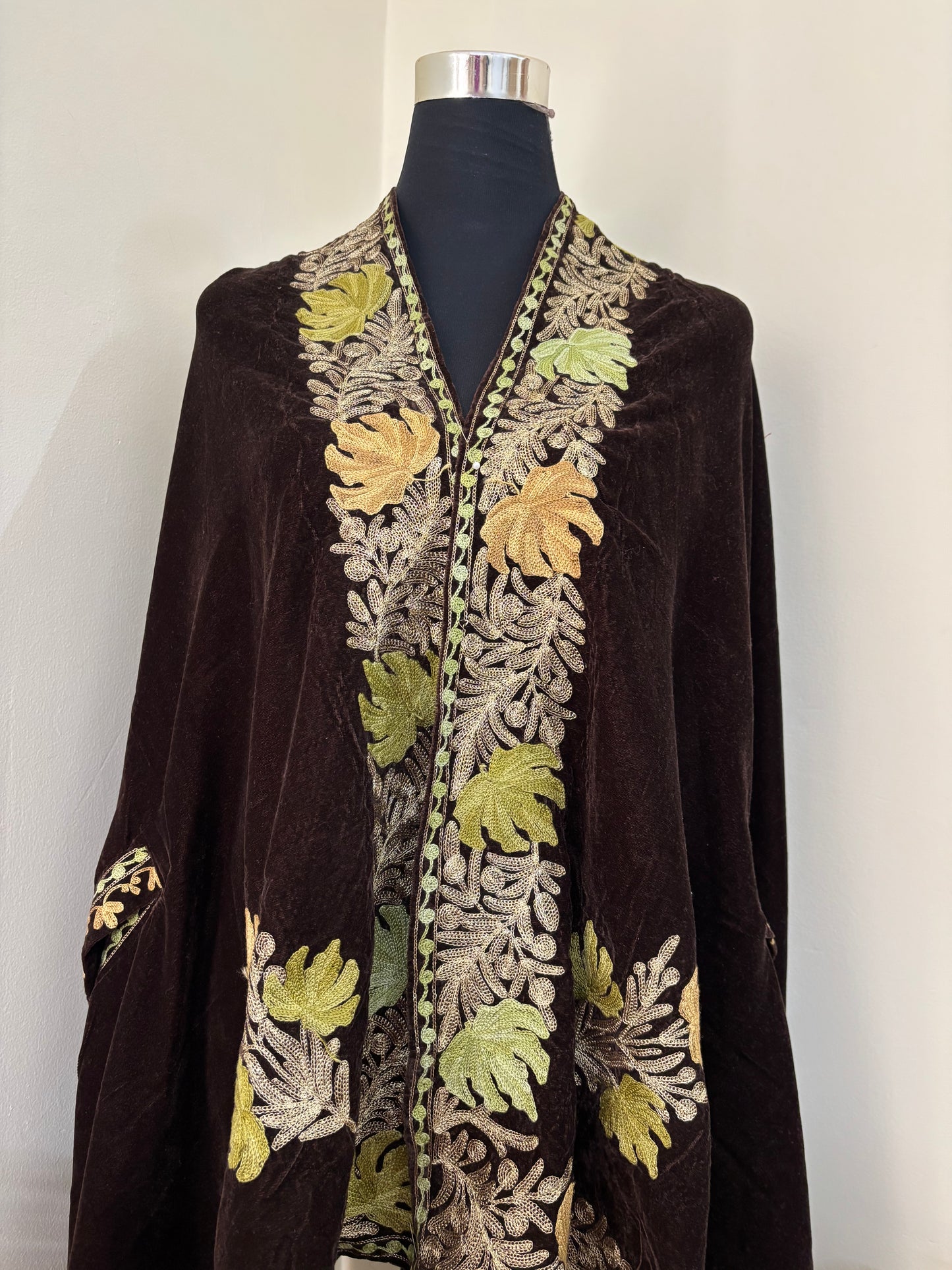 Brown Aari Embroidered Velvet Cape