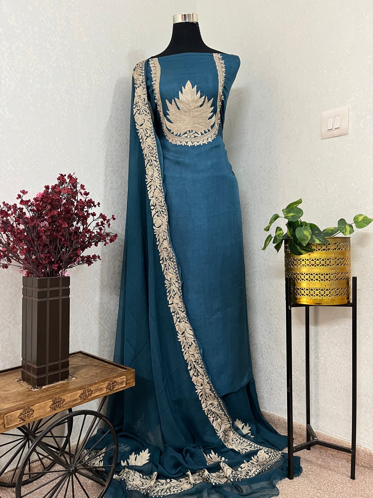 Teal Blue  Sanam’ Tilla Kashmiri Silk Suit