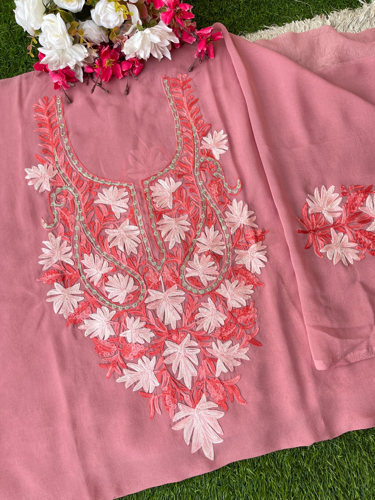 Onion Pink Georgette Kashmiri Kurta Material