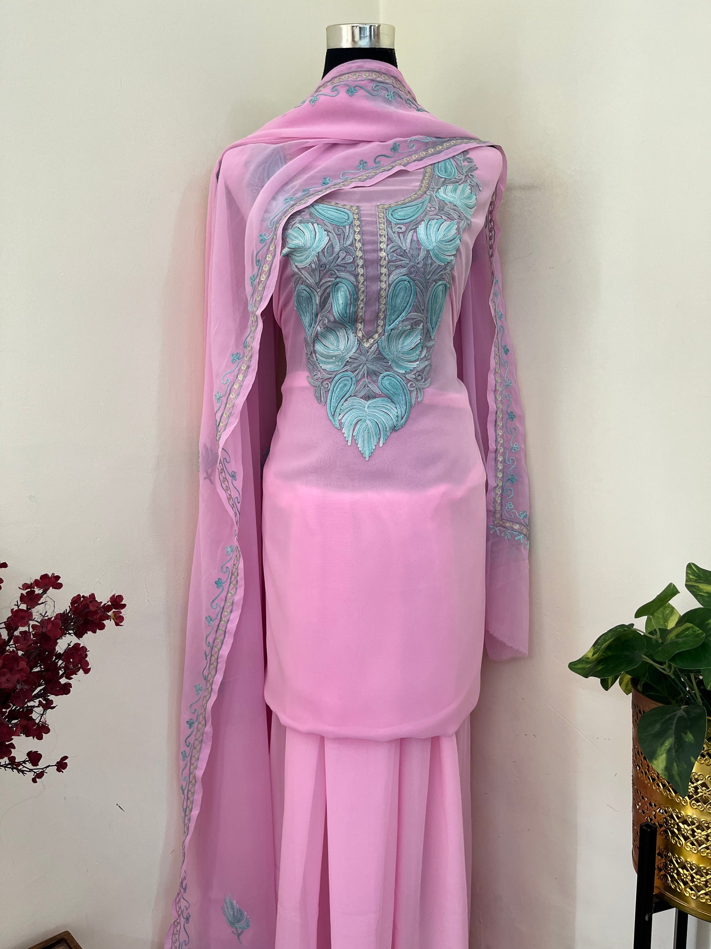 Soft Pink Georgette 3 Pc Aari Embroidered Suit Set