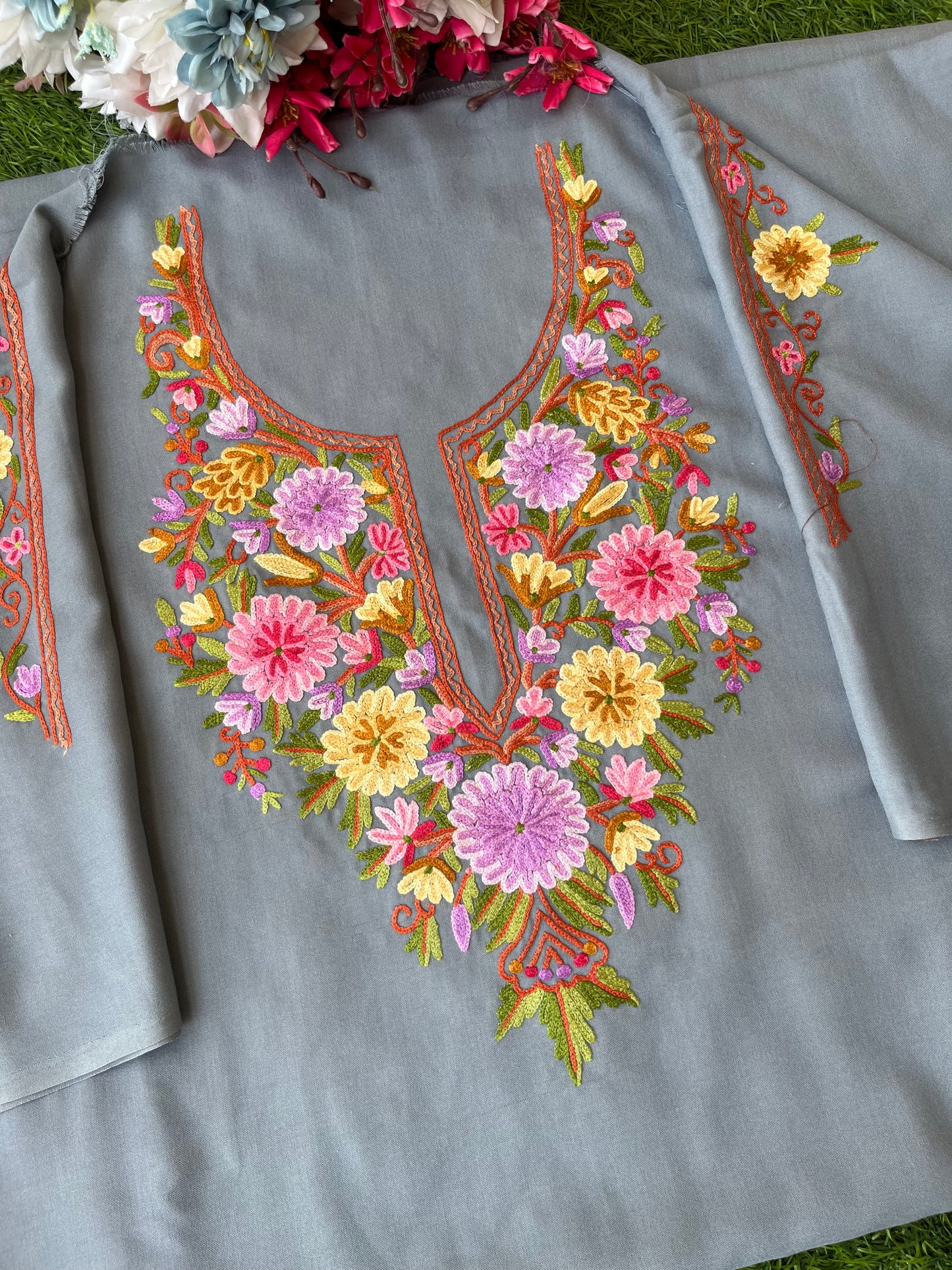 Grey Cotton Two Piece Suit (Hand Embroidered)
