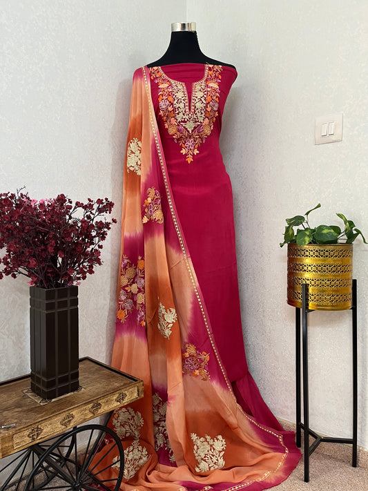 Beetroot Pink Chinon 3 Pc Aari Embroidered Suit