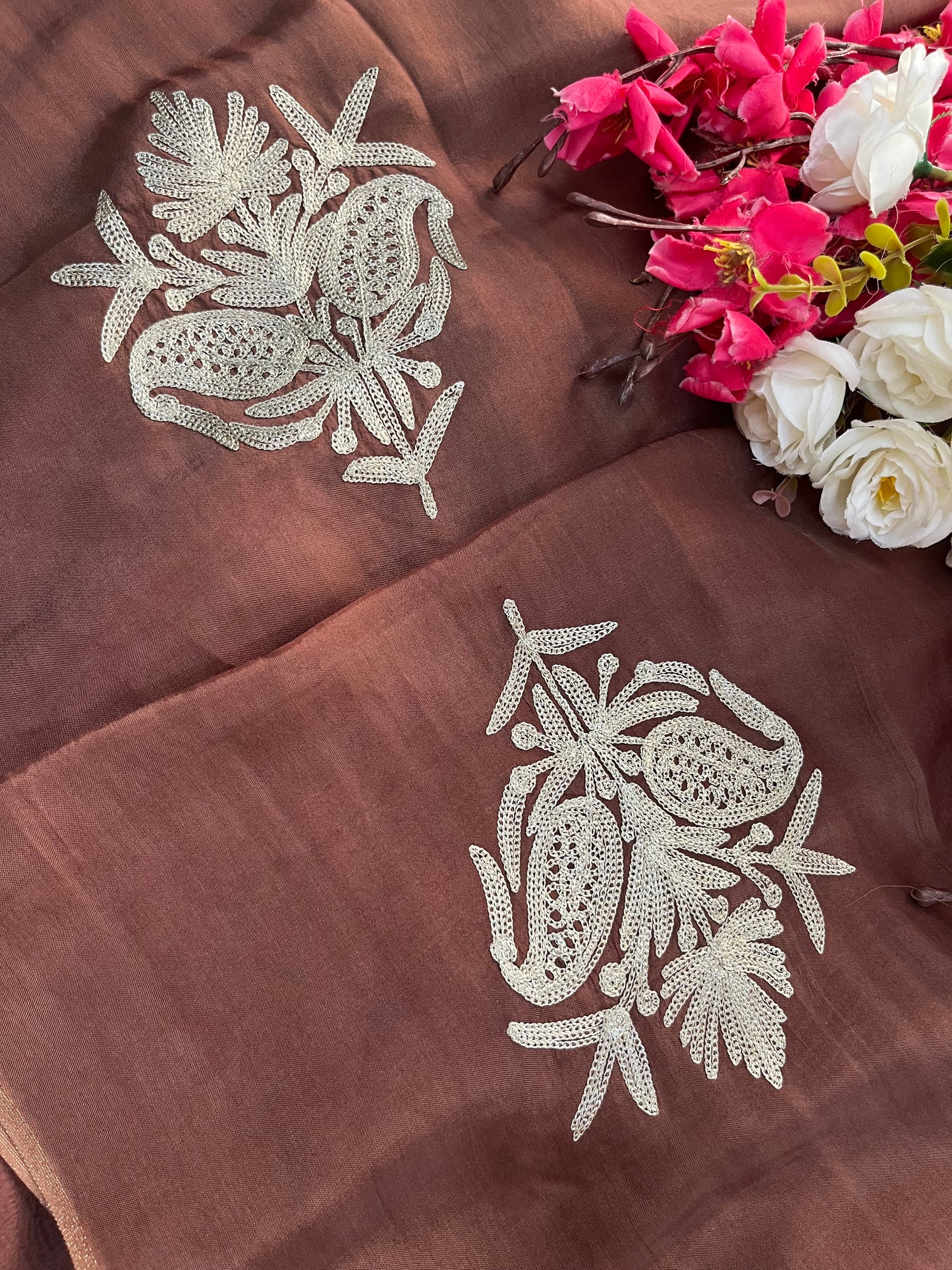Coffee Brown Silk Tilla Kashmiri Suit
