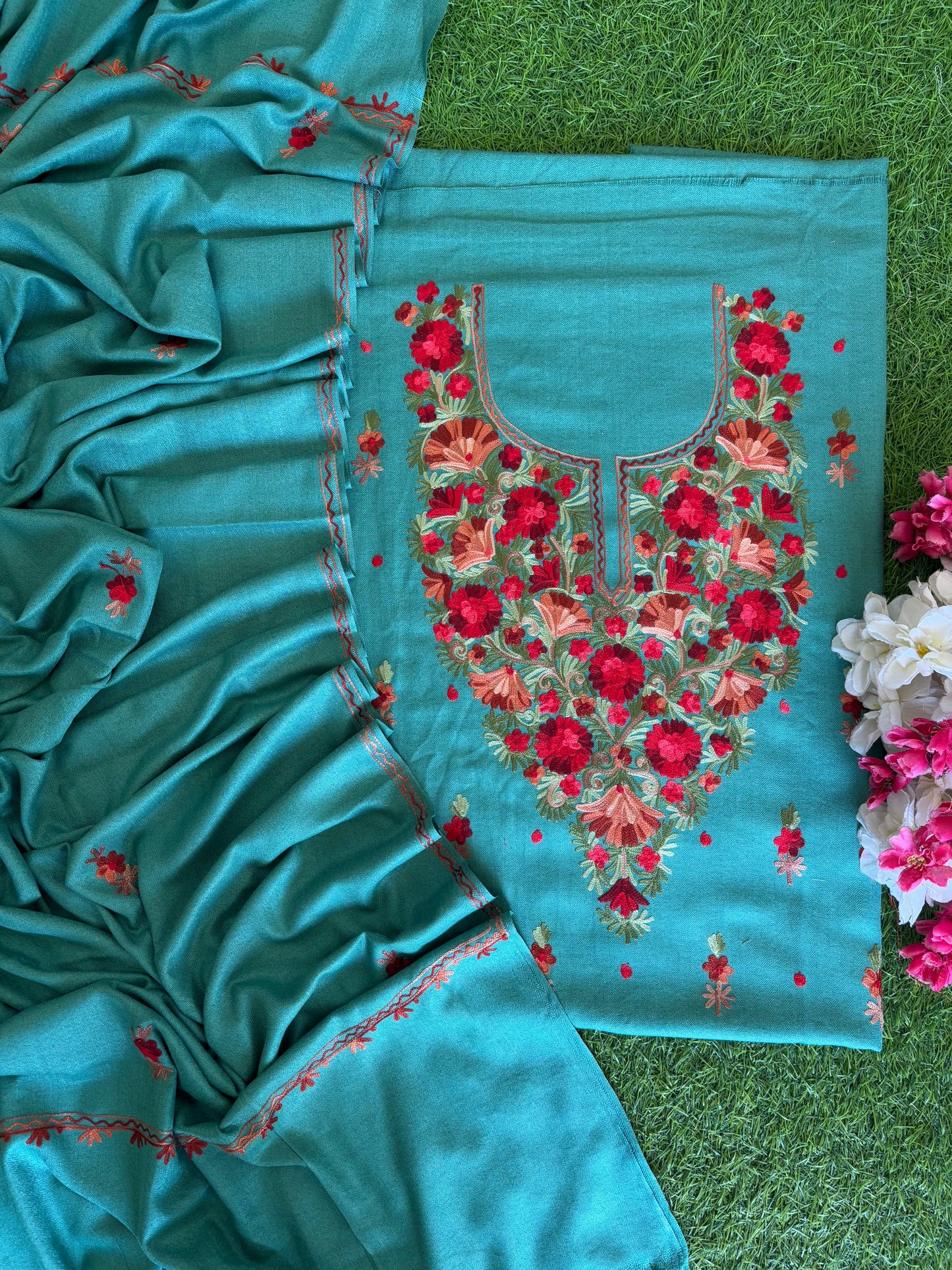 Aqua Blue Woollen Aari Embroidered 3pc suit