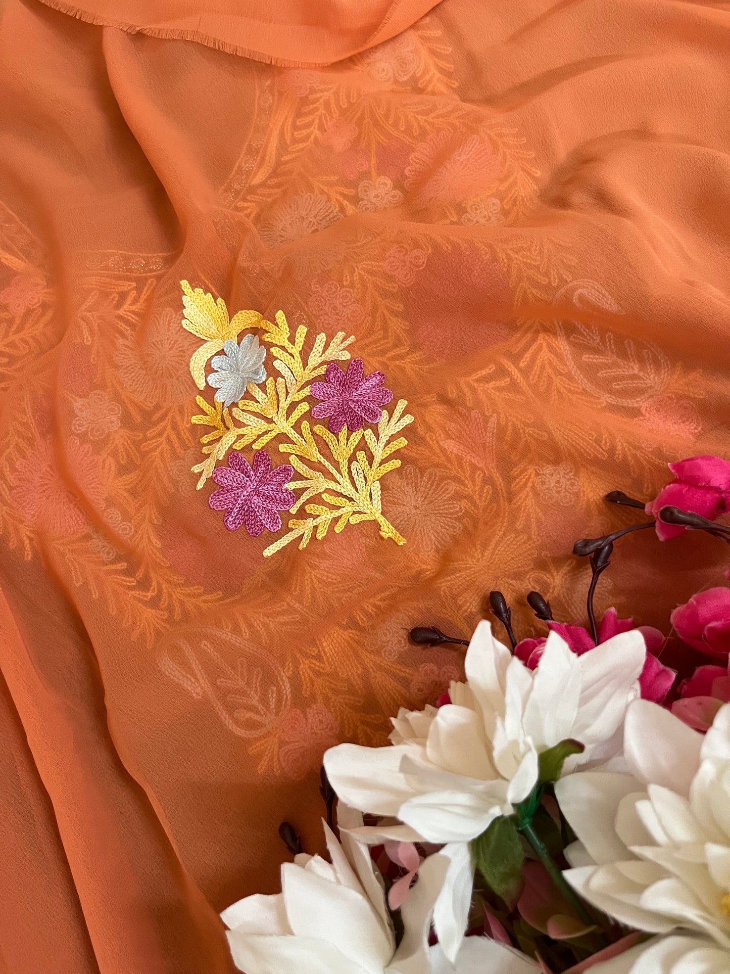 Soft Orange Georgette 3 Pc Aari Embroidered Suit Set