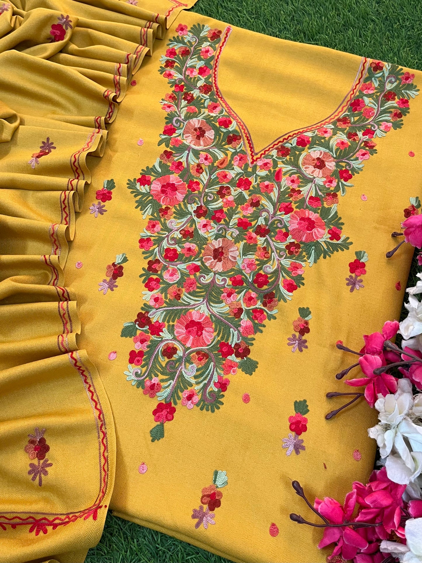 Yellow Woollen Aari Embroidered 3pc suit