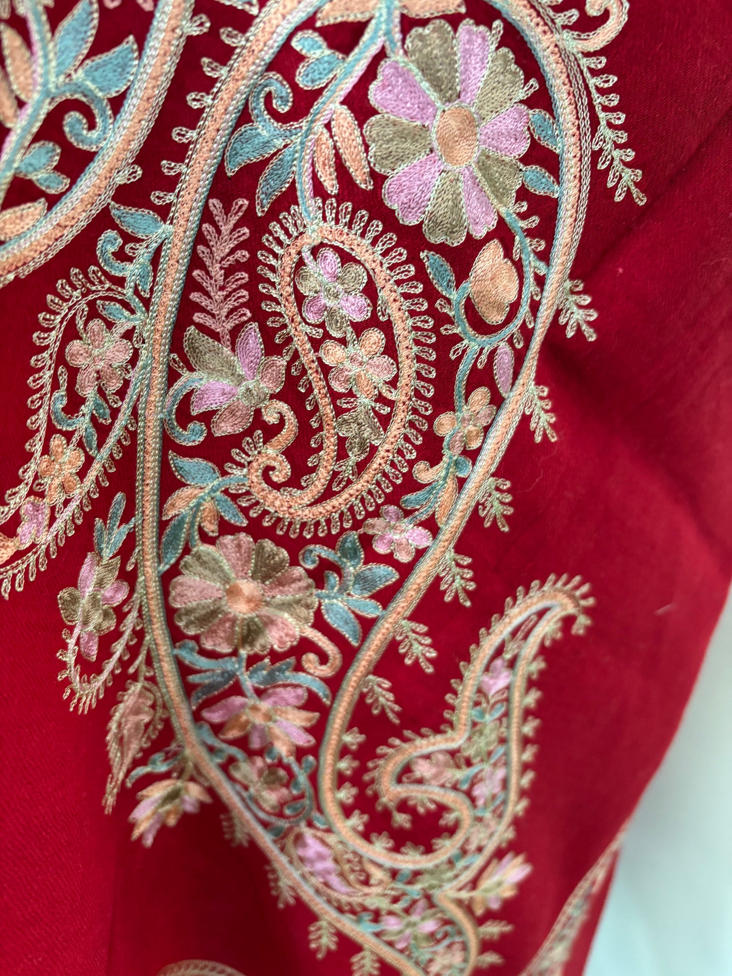 Red Silk Thread Ambi Aangan Embroidered Fine Semi Pashmina stole