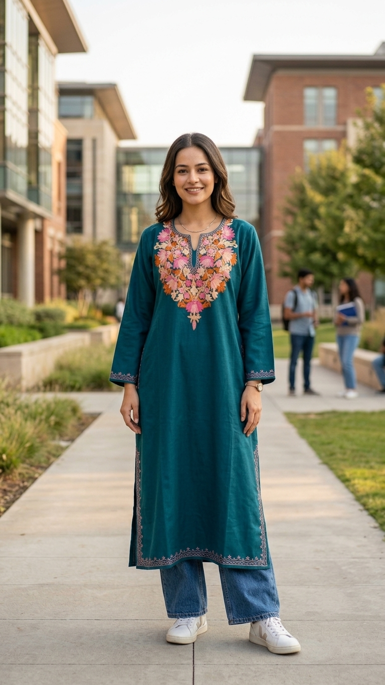 Green Aari Embroidered Wool Pheran