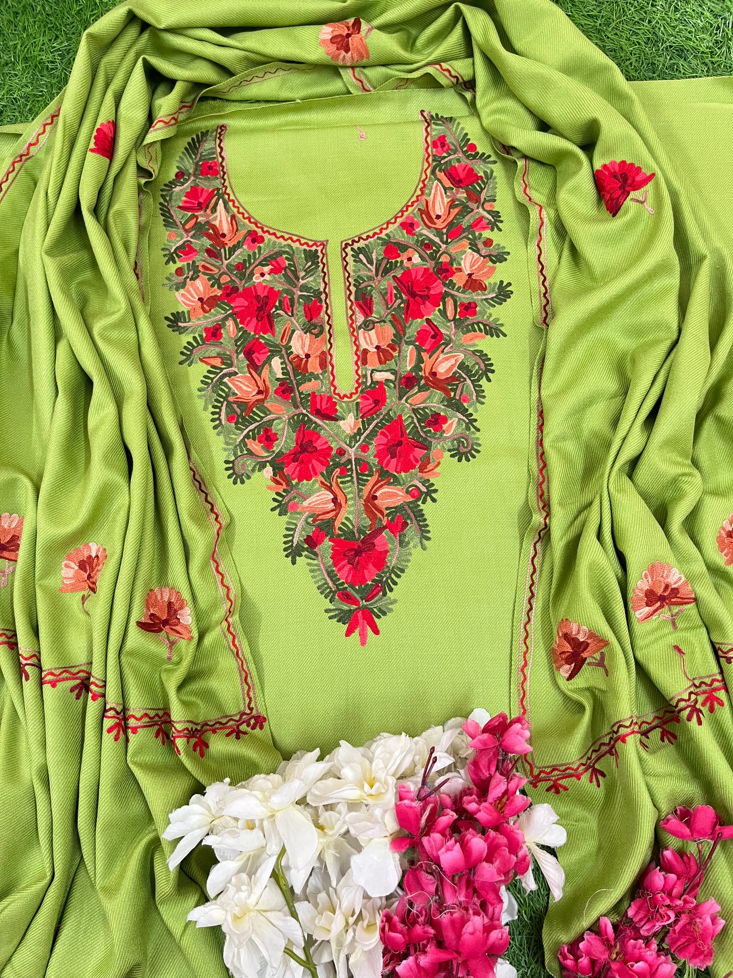 Pista Green Woollen Aari Embroidered 3pc suit