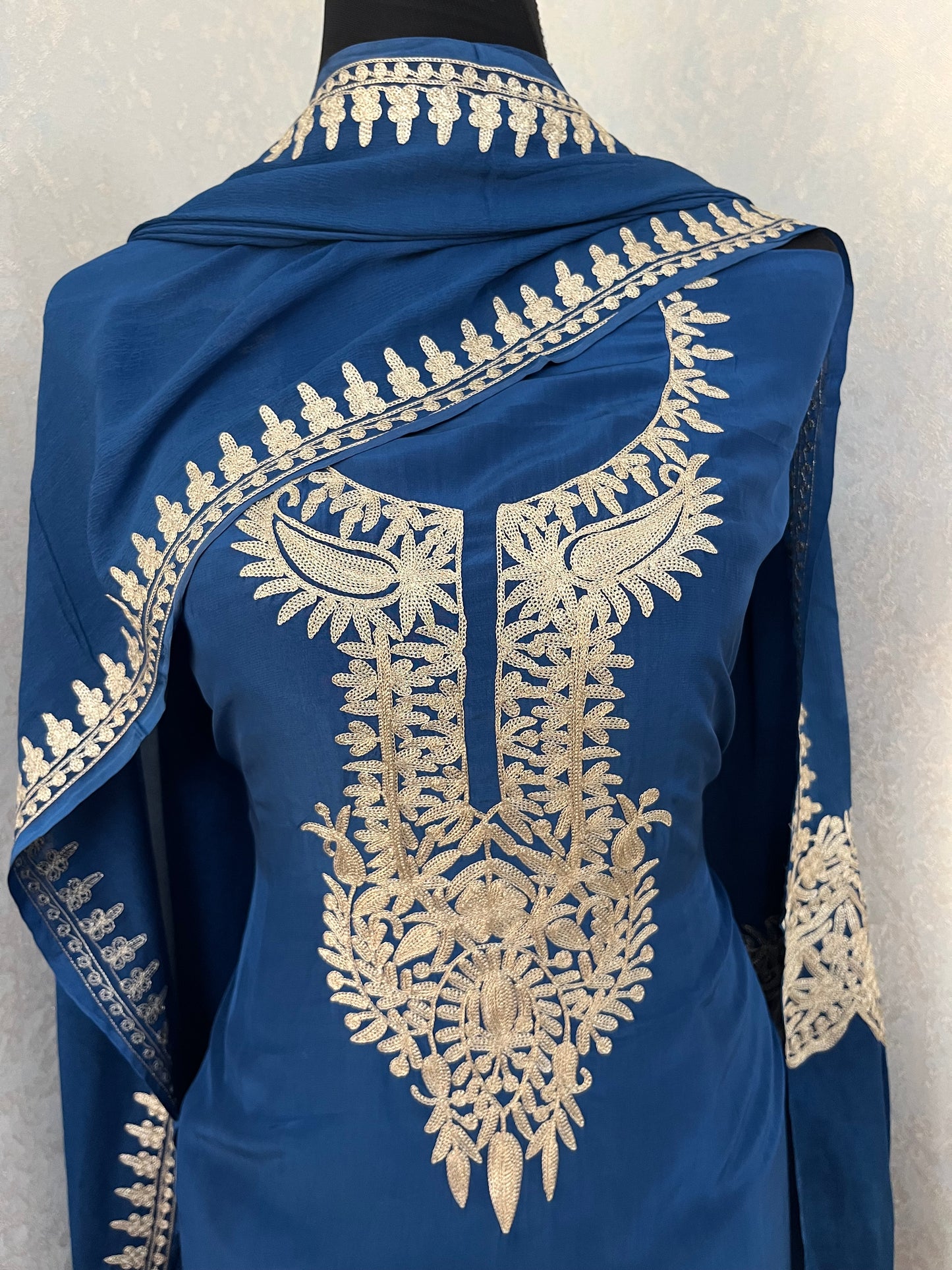 Electric Blue Crape Kashmiri Suit