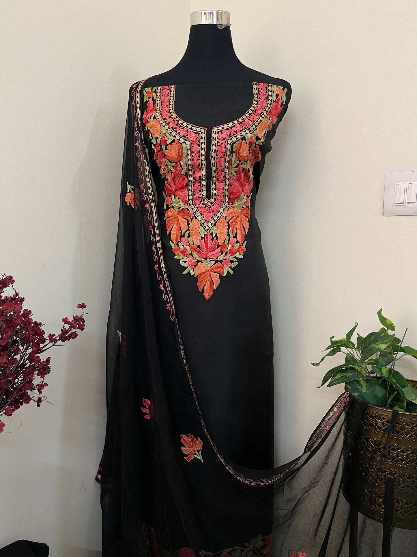 Black Opada Silk Aari Embroidered Suit material