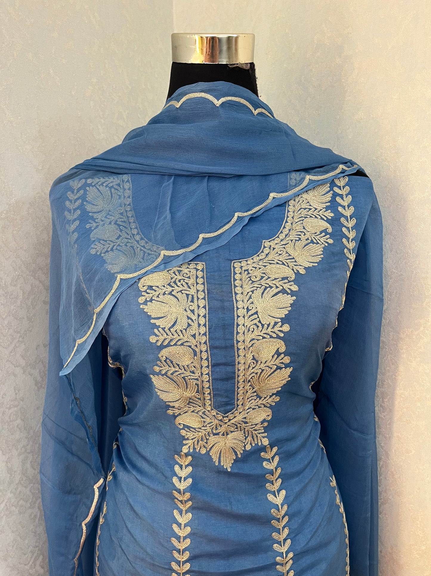 Soft Blue Sanam’ Silk Tilla Kashmiri Suit