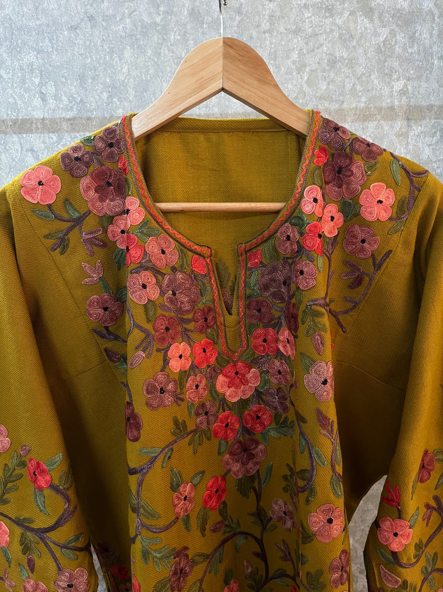 Mustard Gold Aari Embroidered Wool Pheran