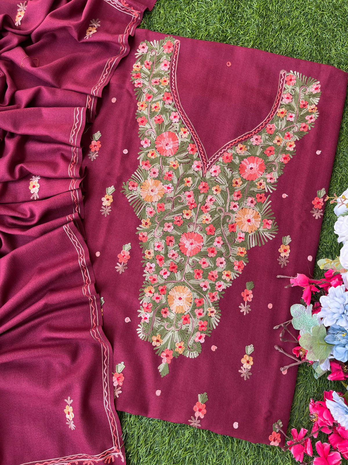 Maroon Woollen Aari Embroidered 3pc suit