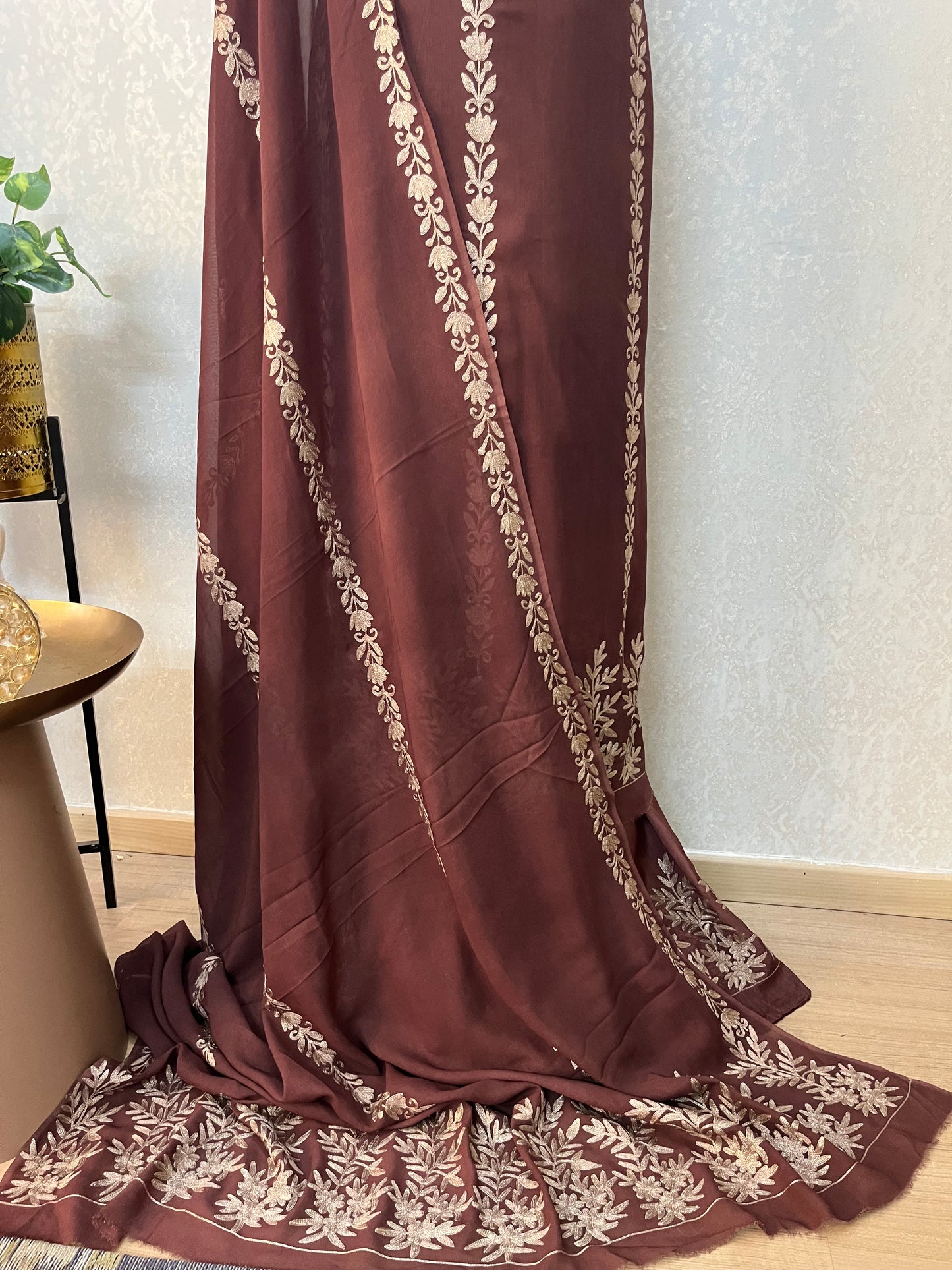 Brown Pure Georgette Oxidised Tilla Kashmiri Suit