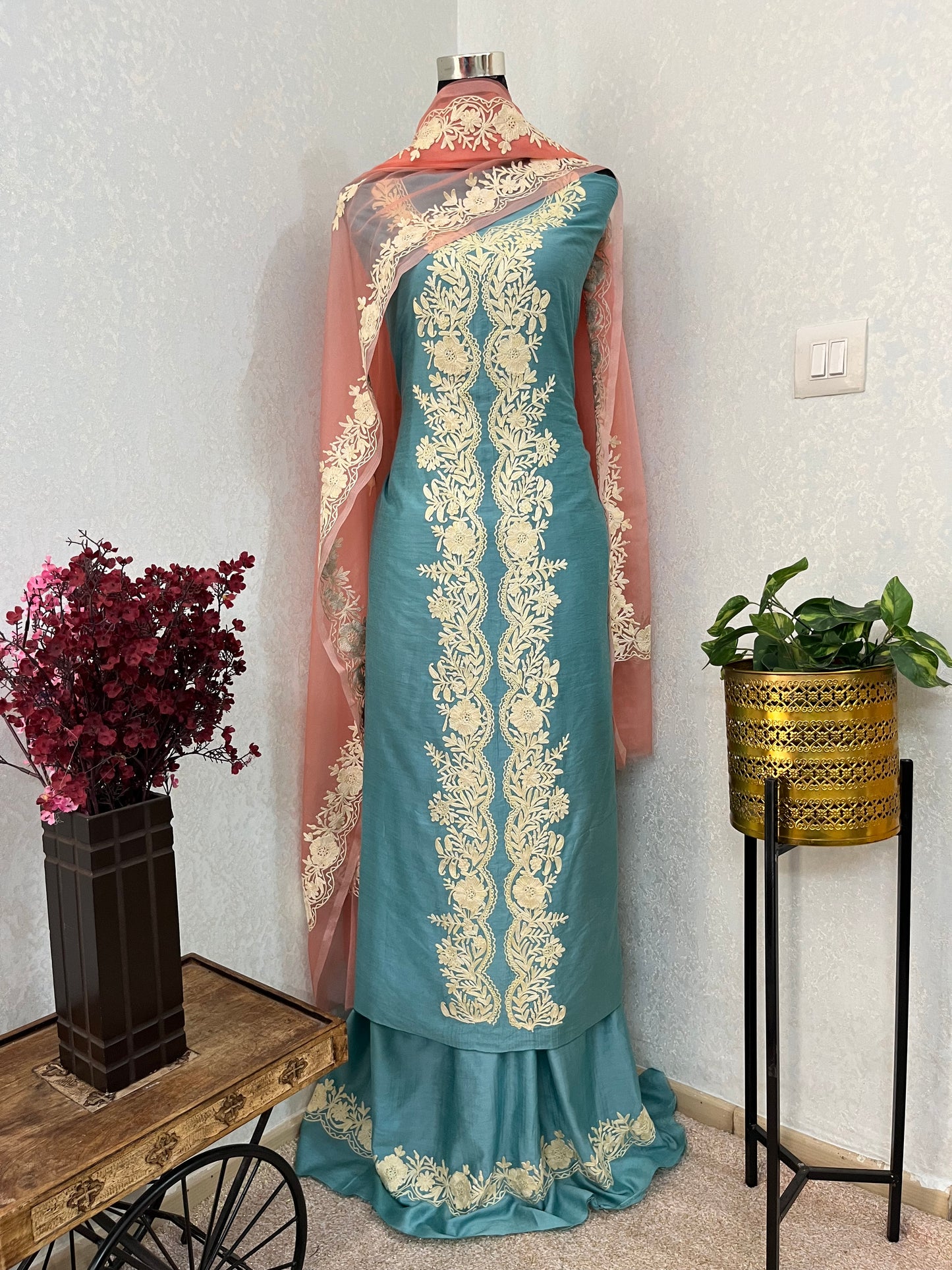 Soft Blue Chanderi Silk Kashmiri Suit