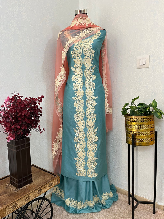Soft Blue Chanderi Silk Kashmiri Suit