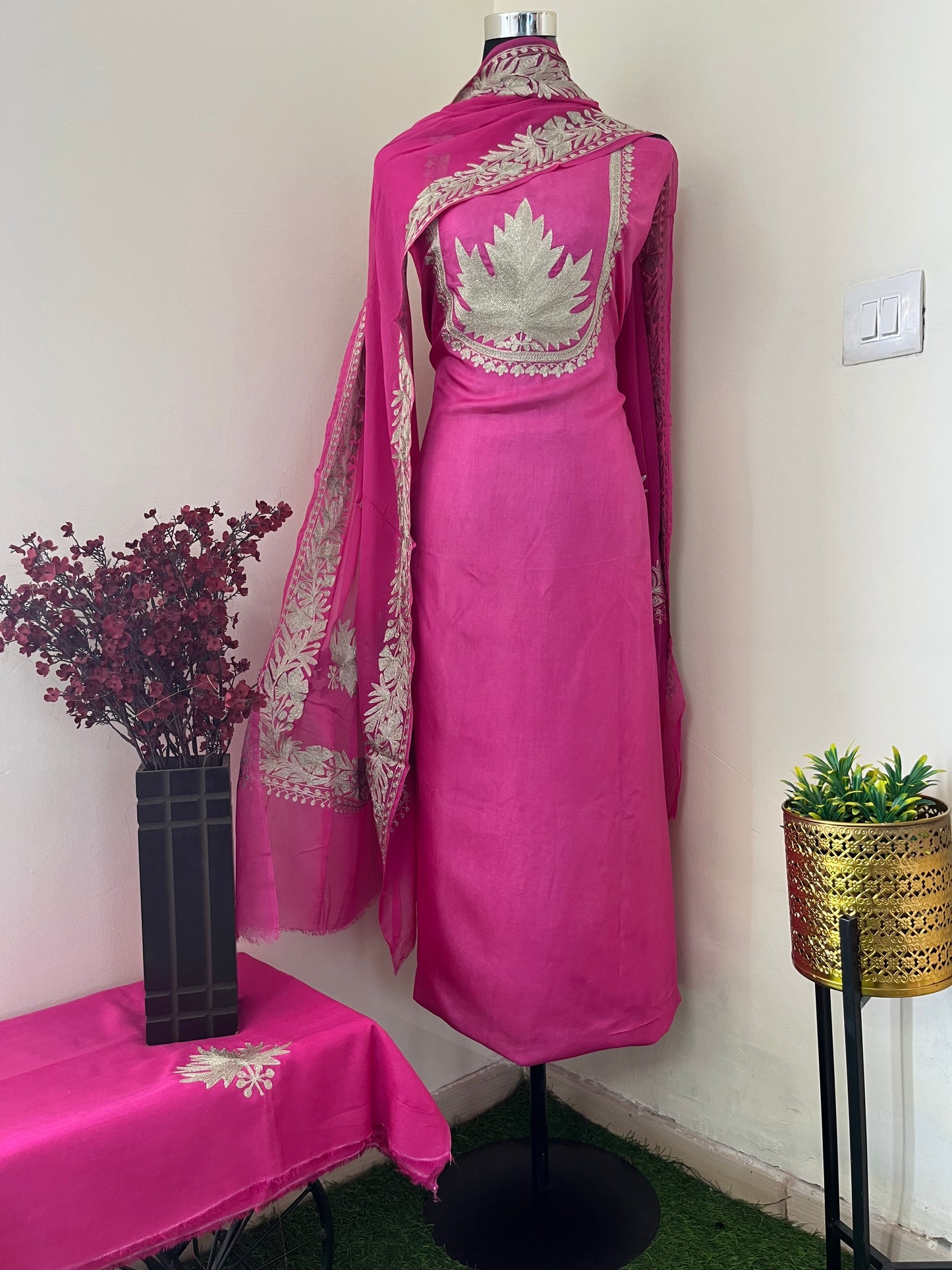 Sanam’ Fuchsia Pink Tilla Embroidered Suit material