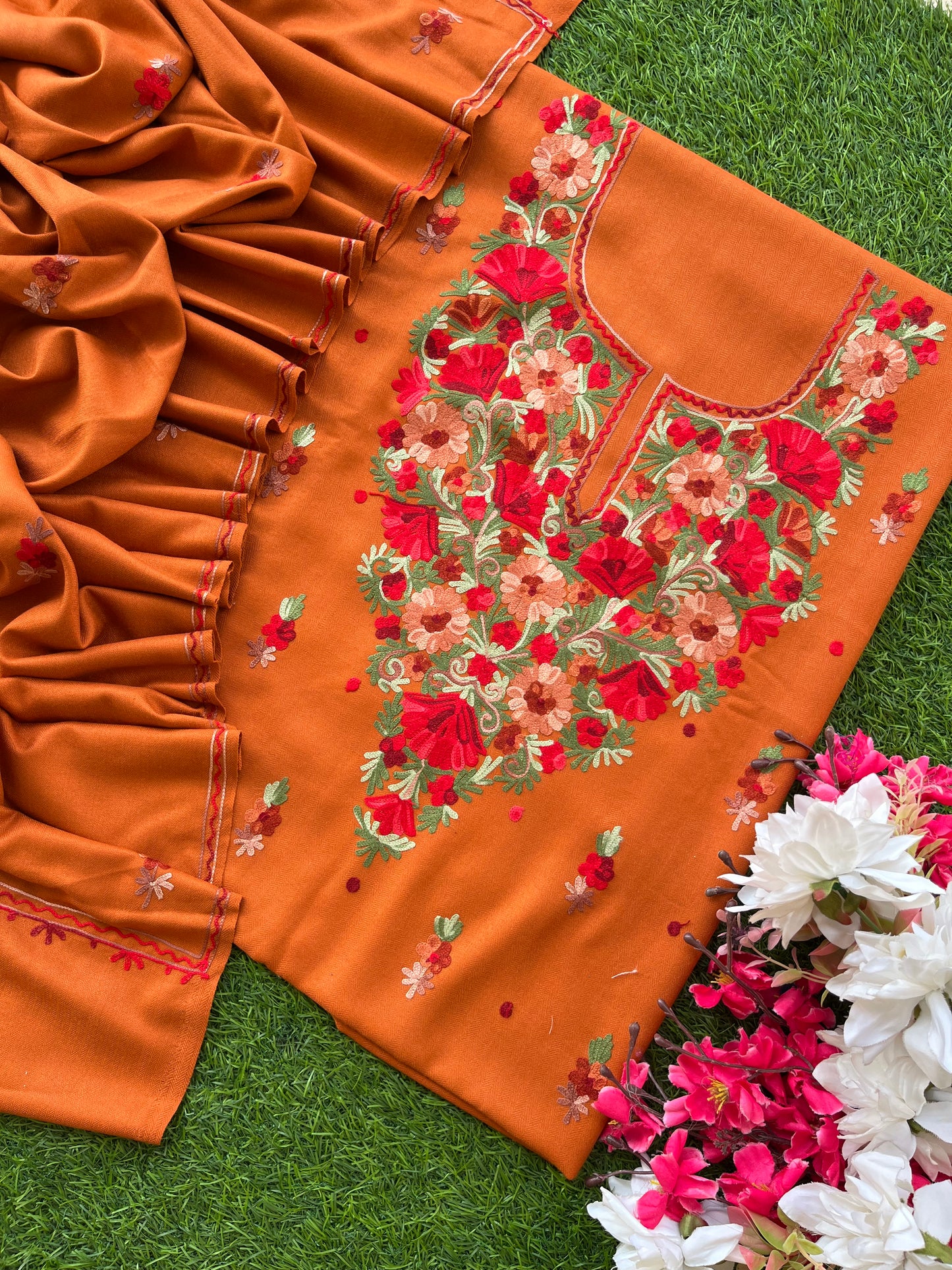 Orange Woollen Aari Embroidered 3pc suit