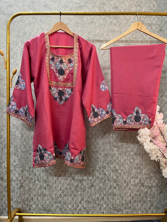 Pink Woollen Kashmiri Co-Ord Set ( Size 40)