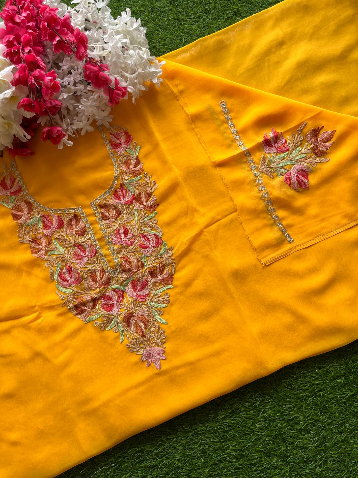 Yellow Georgette Aari Embroidered Unstitched Kurta Material