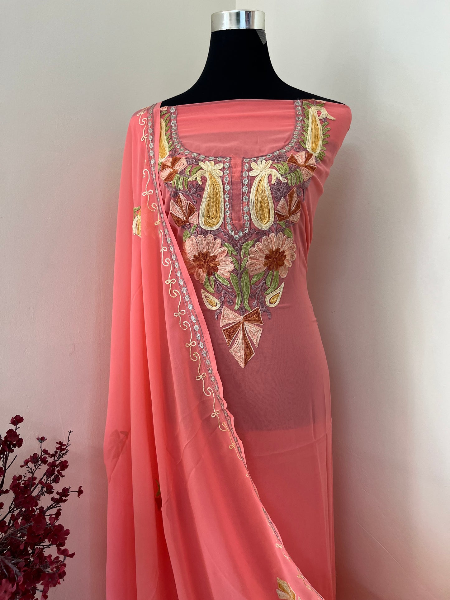 Peach Georgette Shirt and Dupatta Aari Embroidered Suit