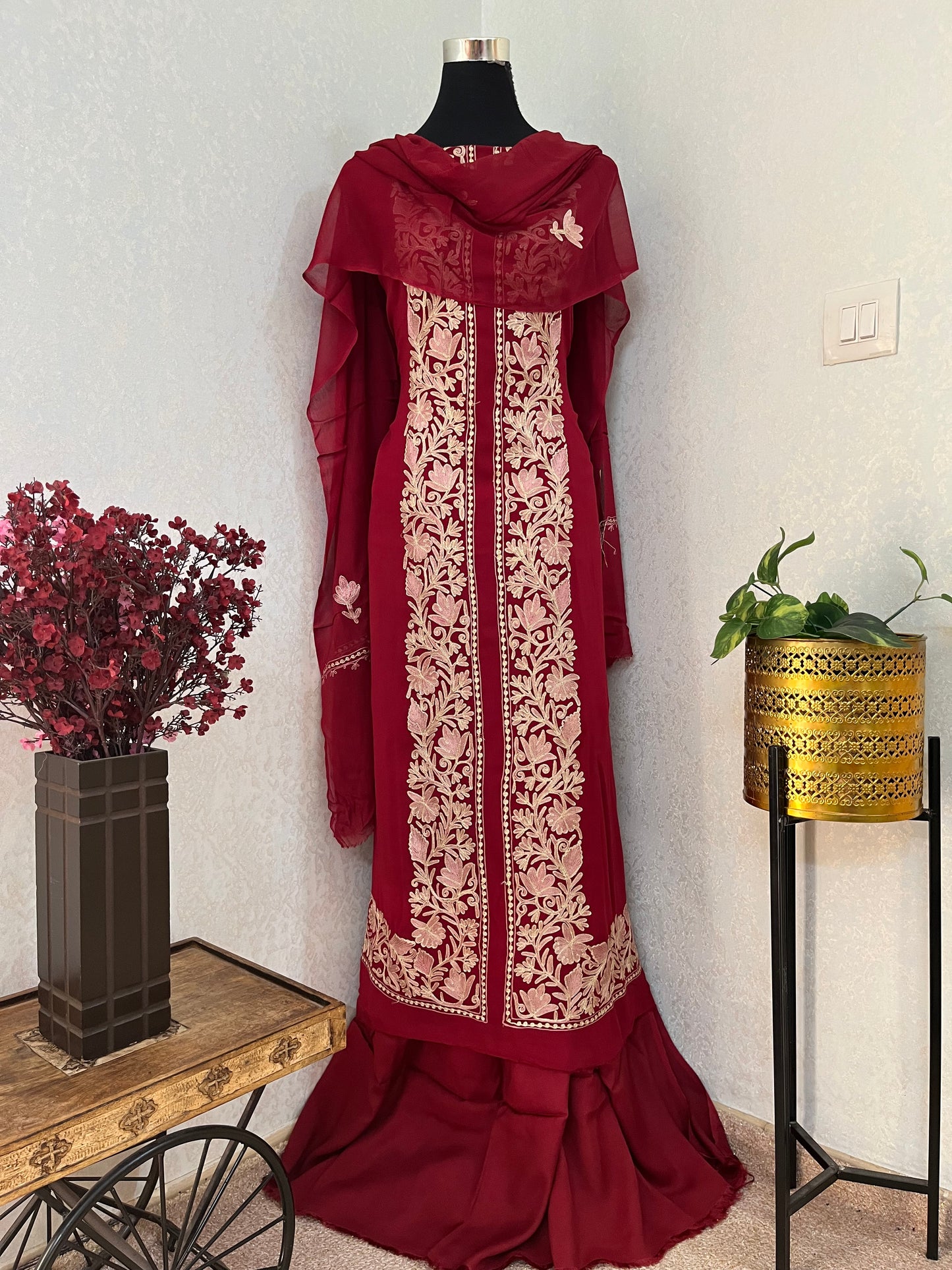 Maroon Pure Georgette Achkan Kashmiri Suit