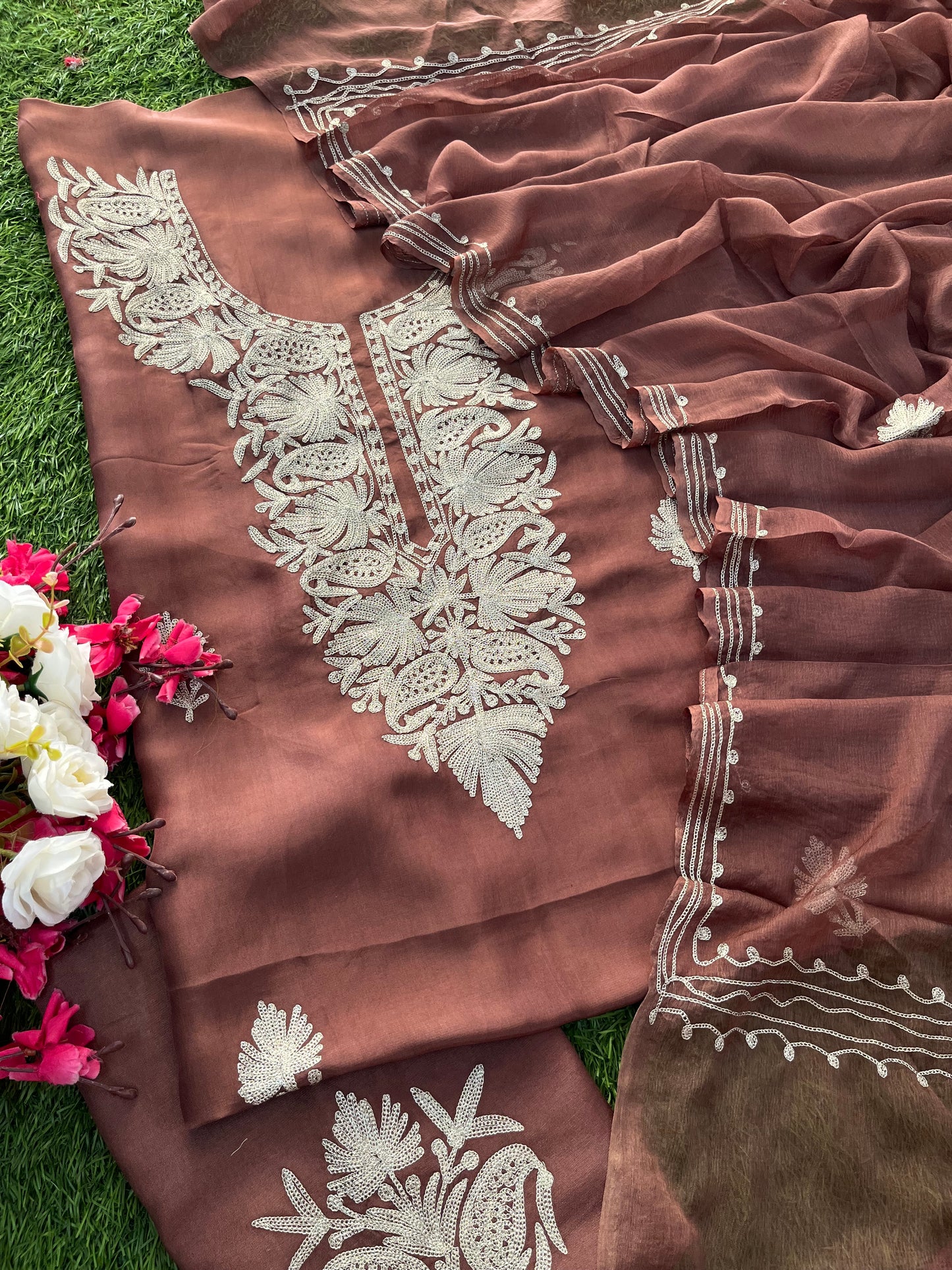 Coffee Brown Silk Tilla Kashmiri Suit