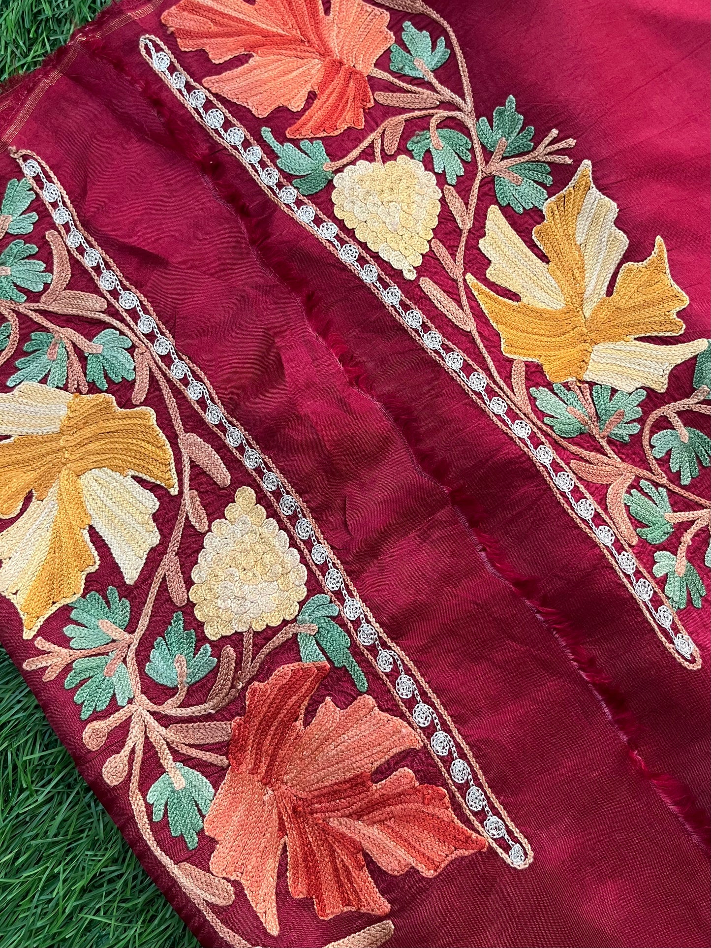 Maroon Opada Silk Aari Embroidered Suit material