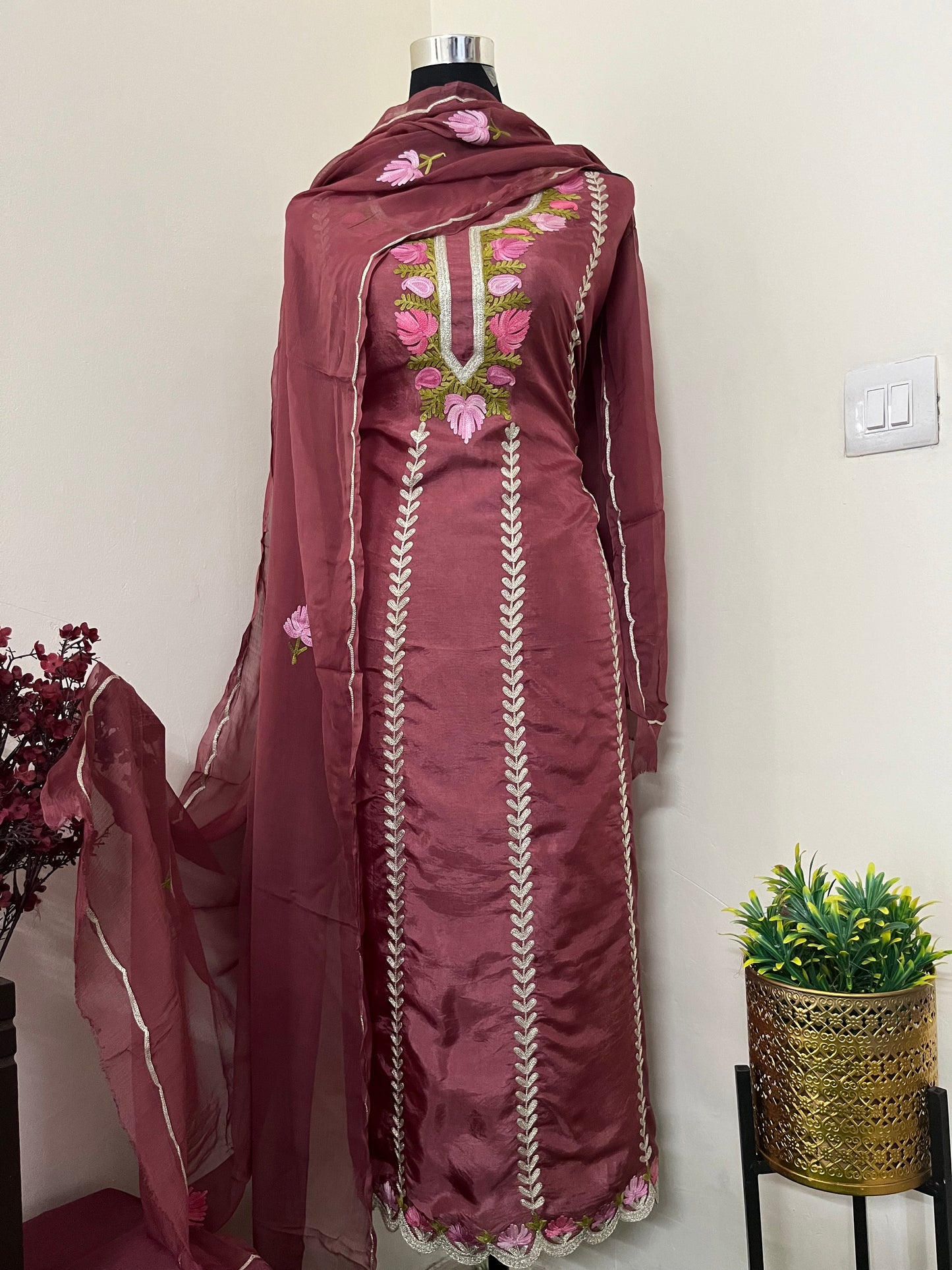 Sanam’ Coke Silk Aari Embroidered Suit material