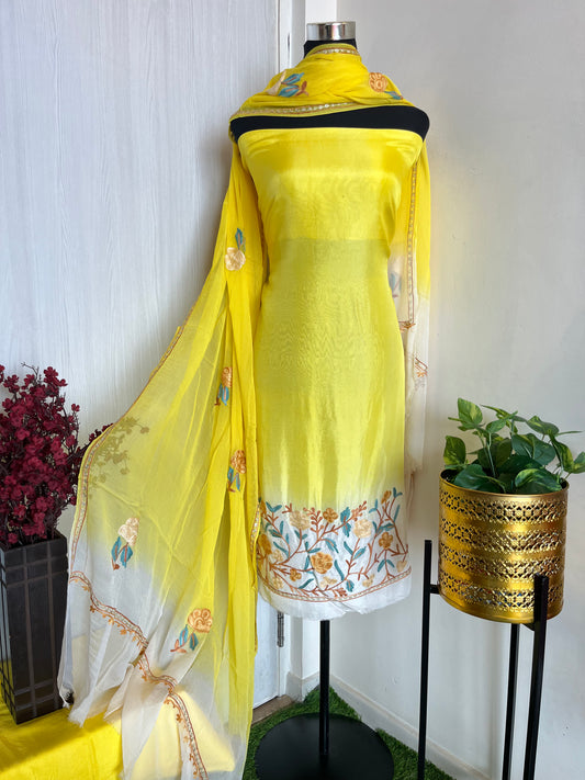 Yellow Opada Tye Dye Aari Embroidered Suit material