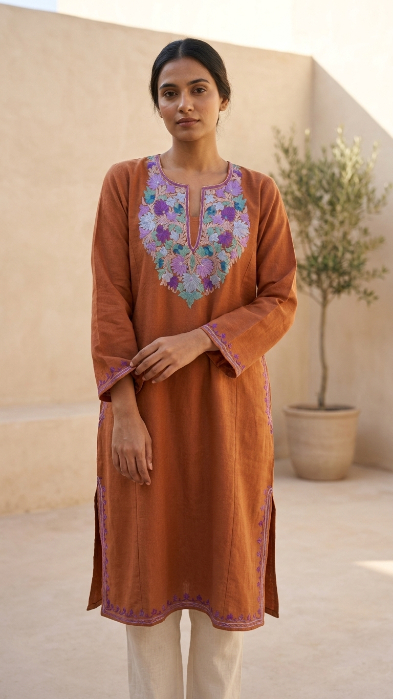 Brown Aari Embroidered Wool Pheran