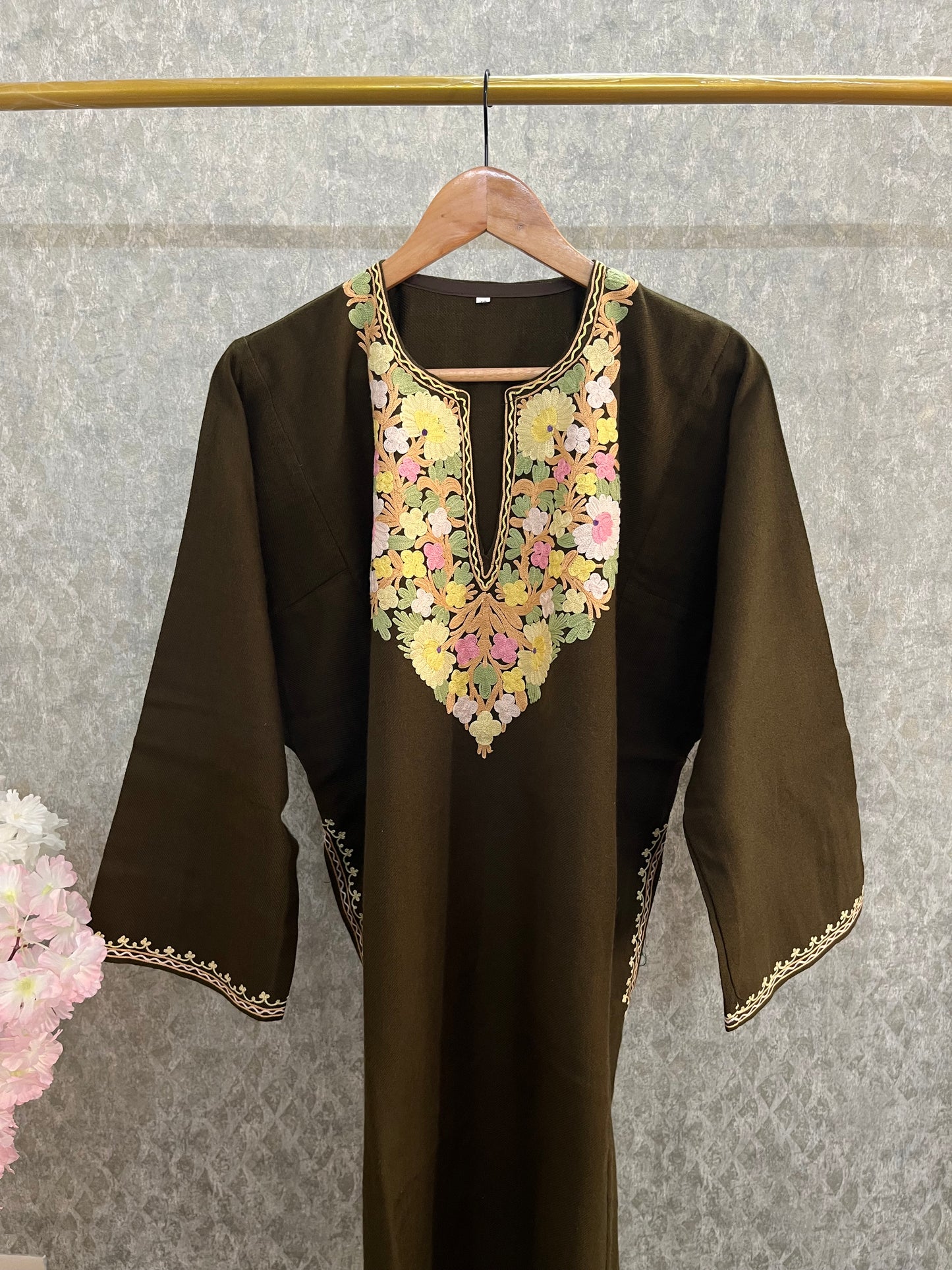 Army Green Aari Embroidered Wool Pheran