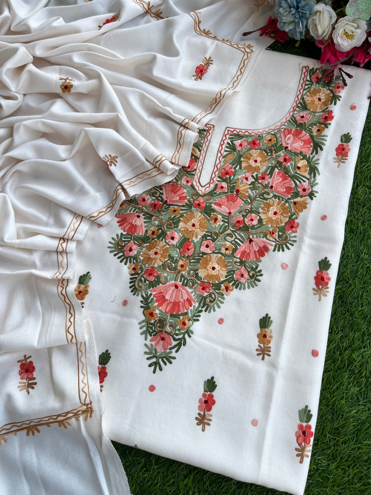 Off White Woollen Aari Embroidered 3pc suit