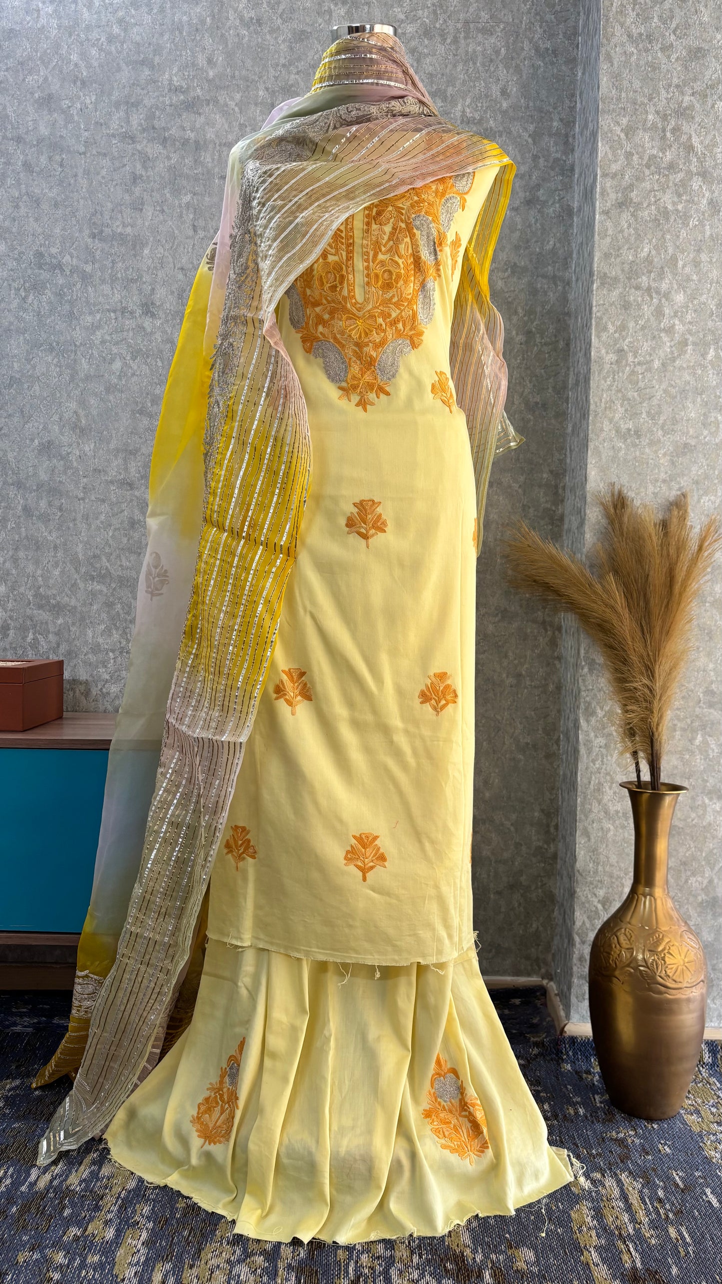 Lemon Yellow Satin Cotton Kashmiri Suit