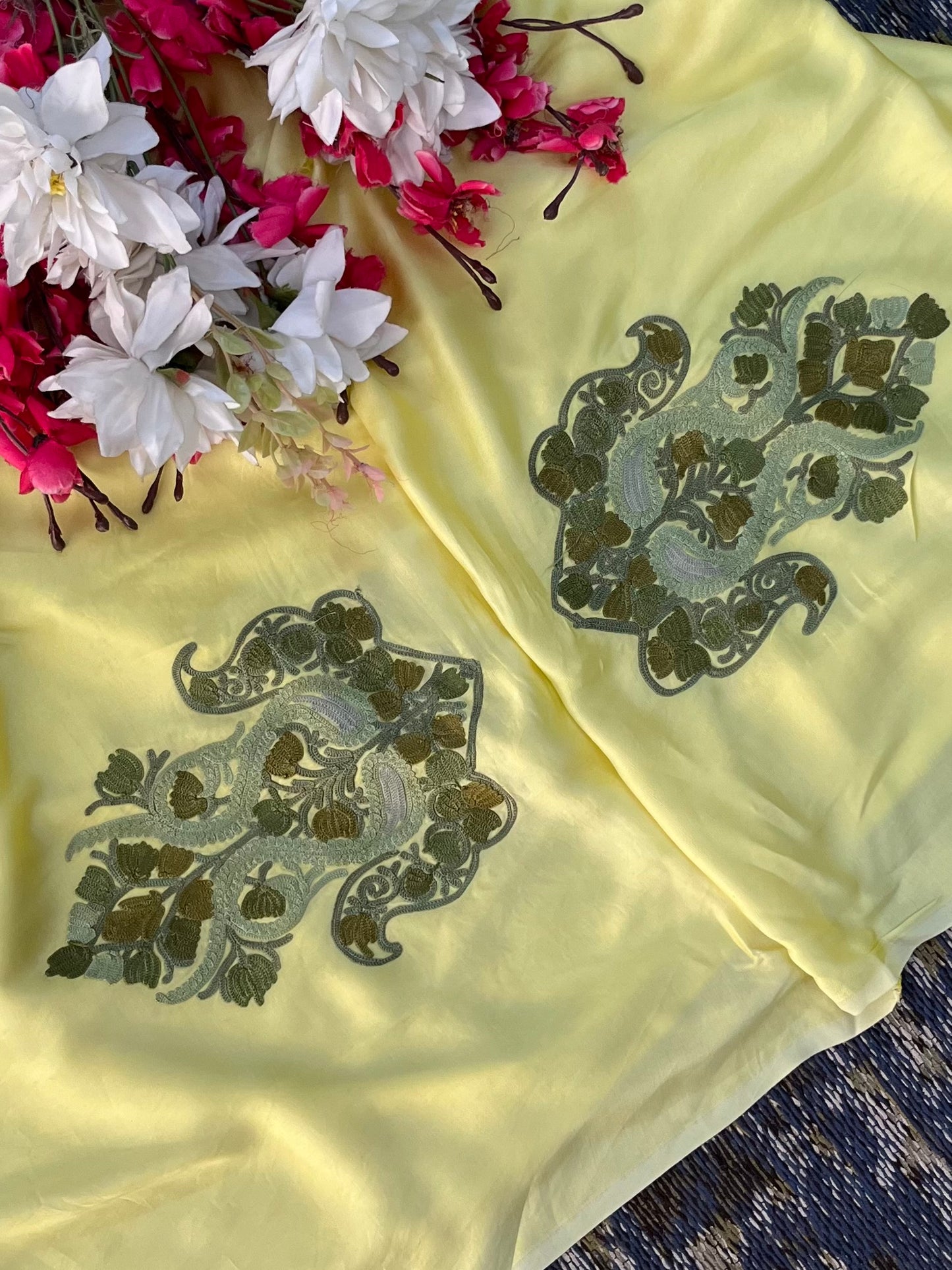 Yellow Satin Cotton Kashmiri Suit
