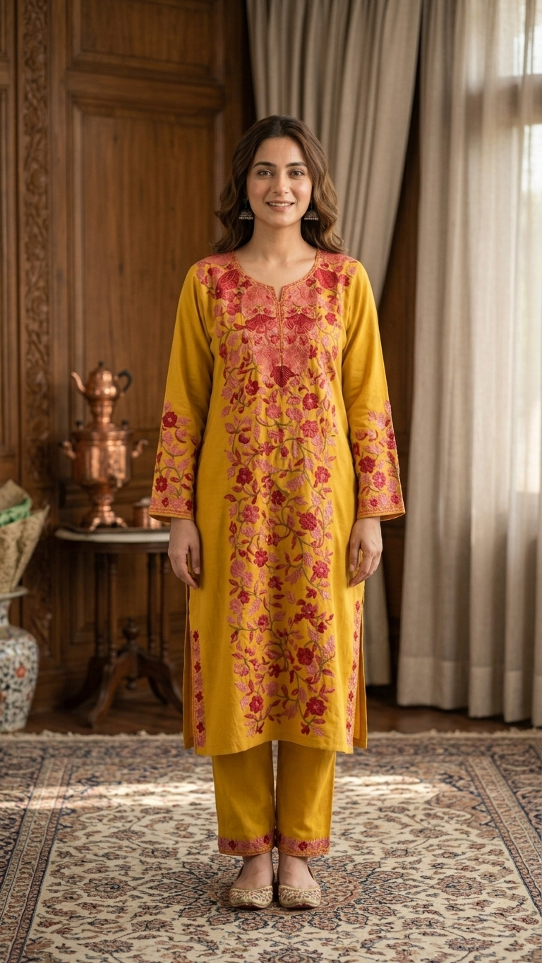 Yellow Cotton Front Jaal Pheran Set Size (46)