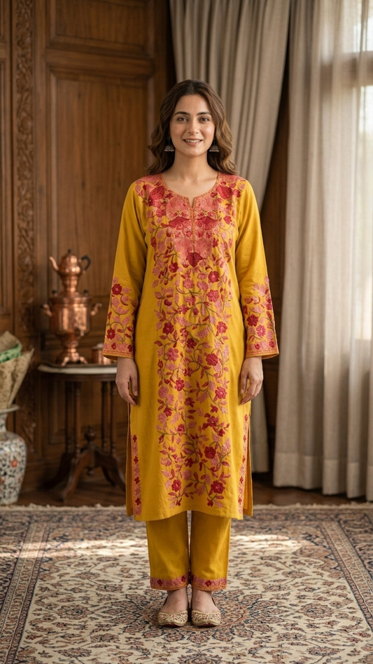 Yellow Cotton Front Jaal Pheran Set Size (46)