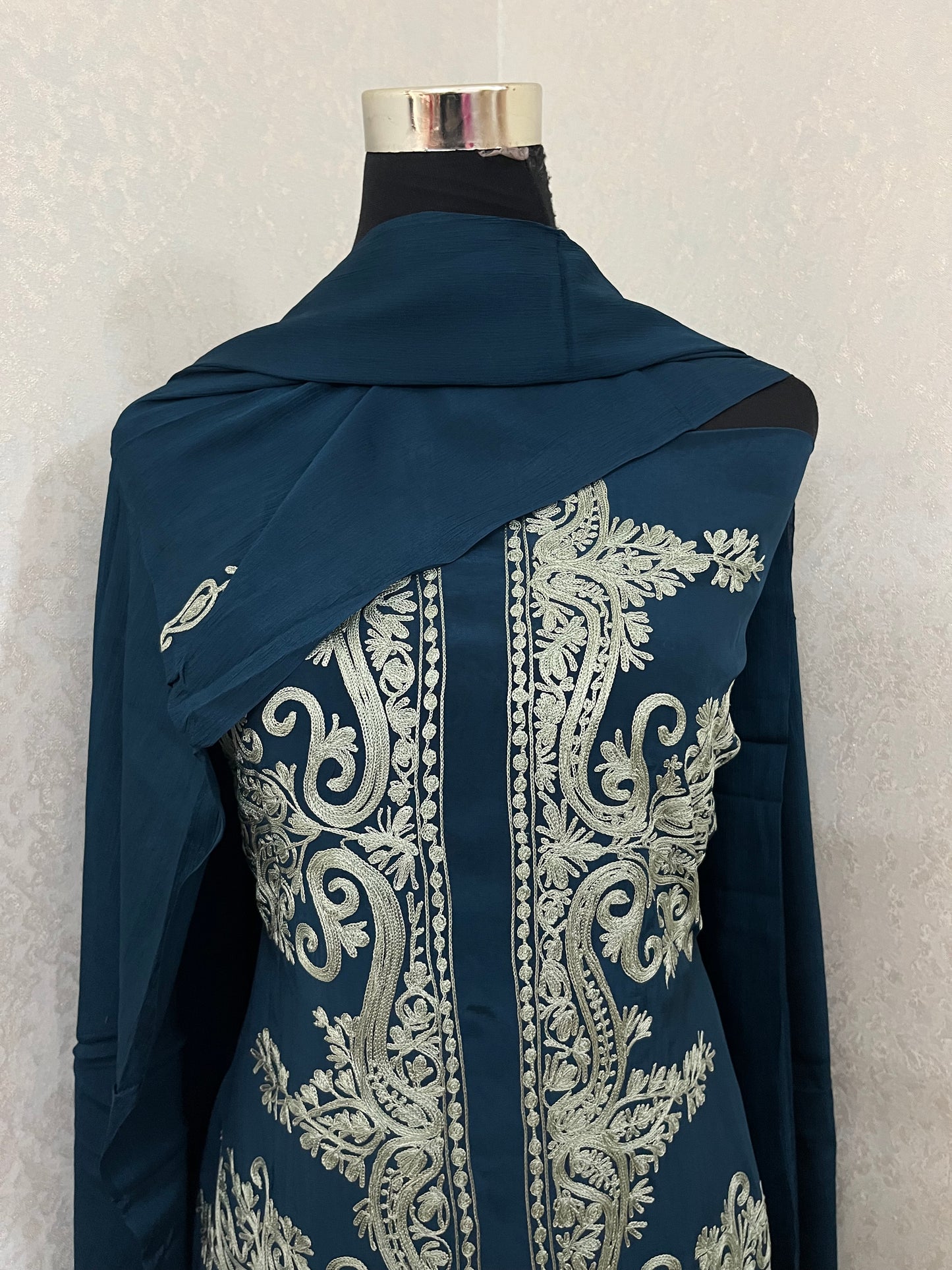Blue Kalaa’ Crape Jacket Style Kashmiri Suit