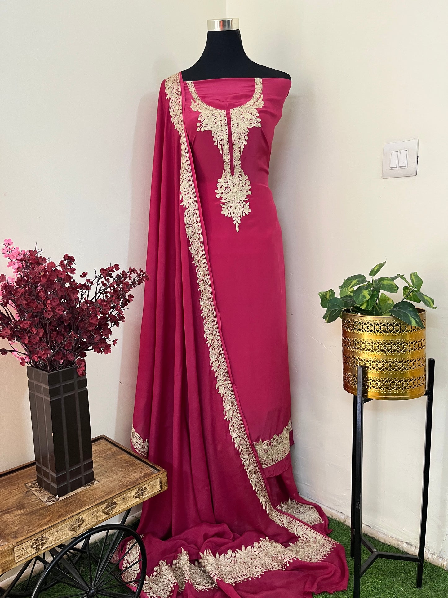 Fuchsia Pink Crape Kashmiri Suit