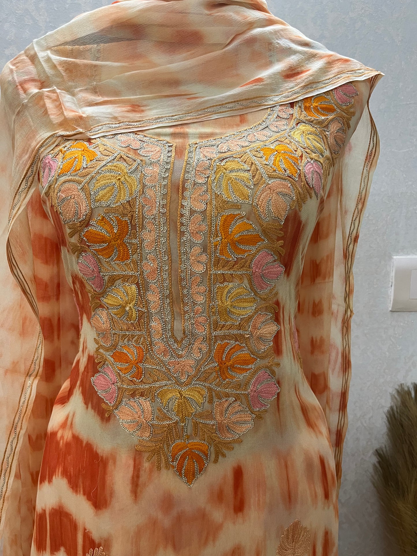 Orange Pure Georgette Kashmiri Suit