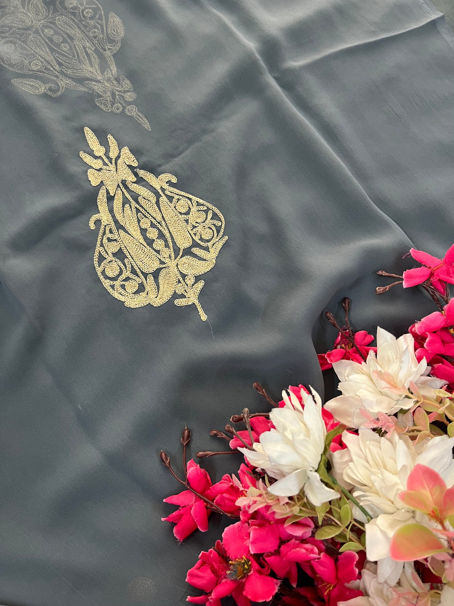 Grey Georgette Kashmiri Kurta (Unstitched)