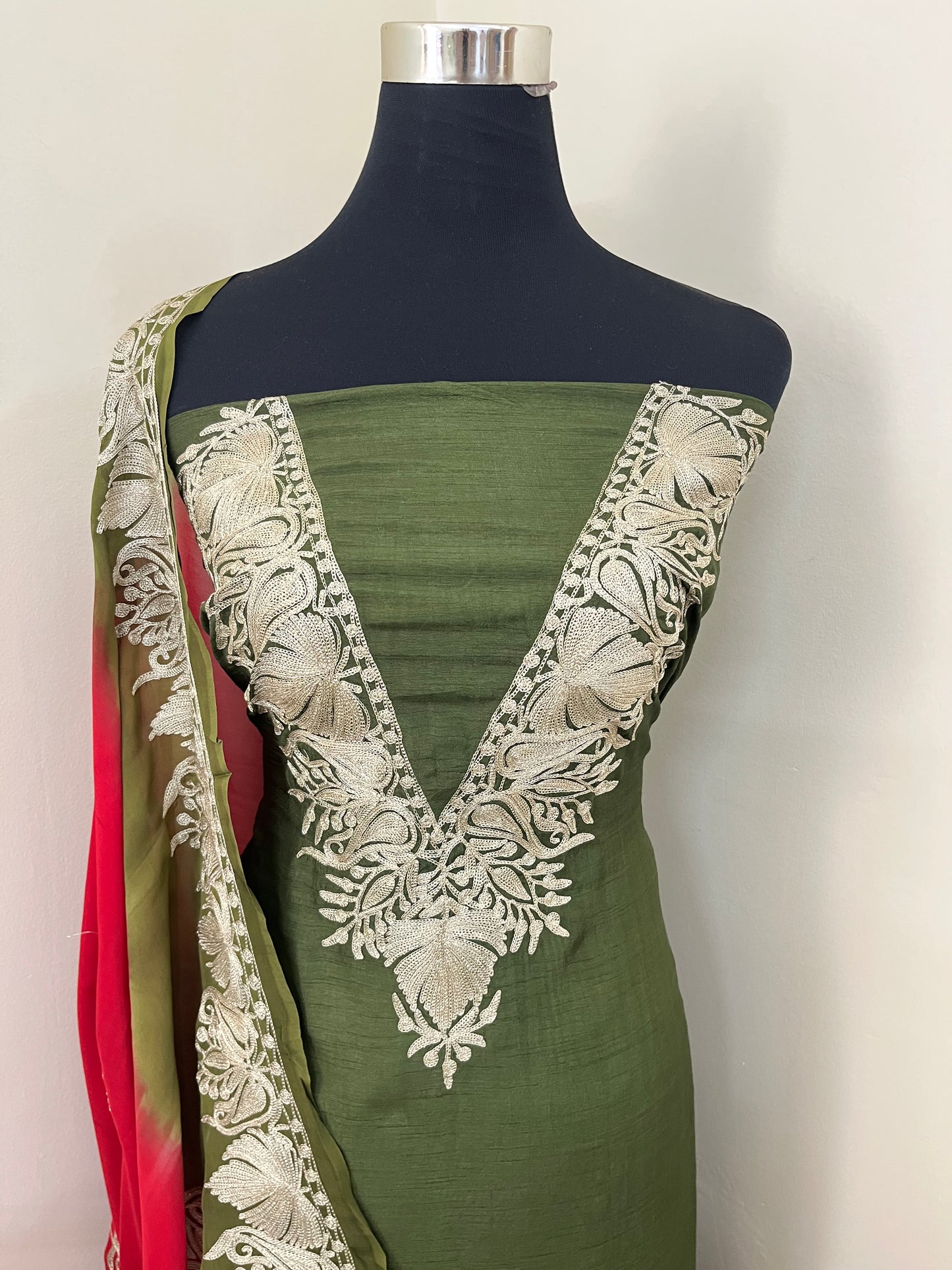 Sanam Army Green Silk Kashmiri Suit