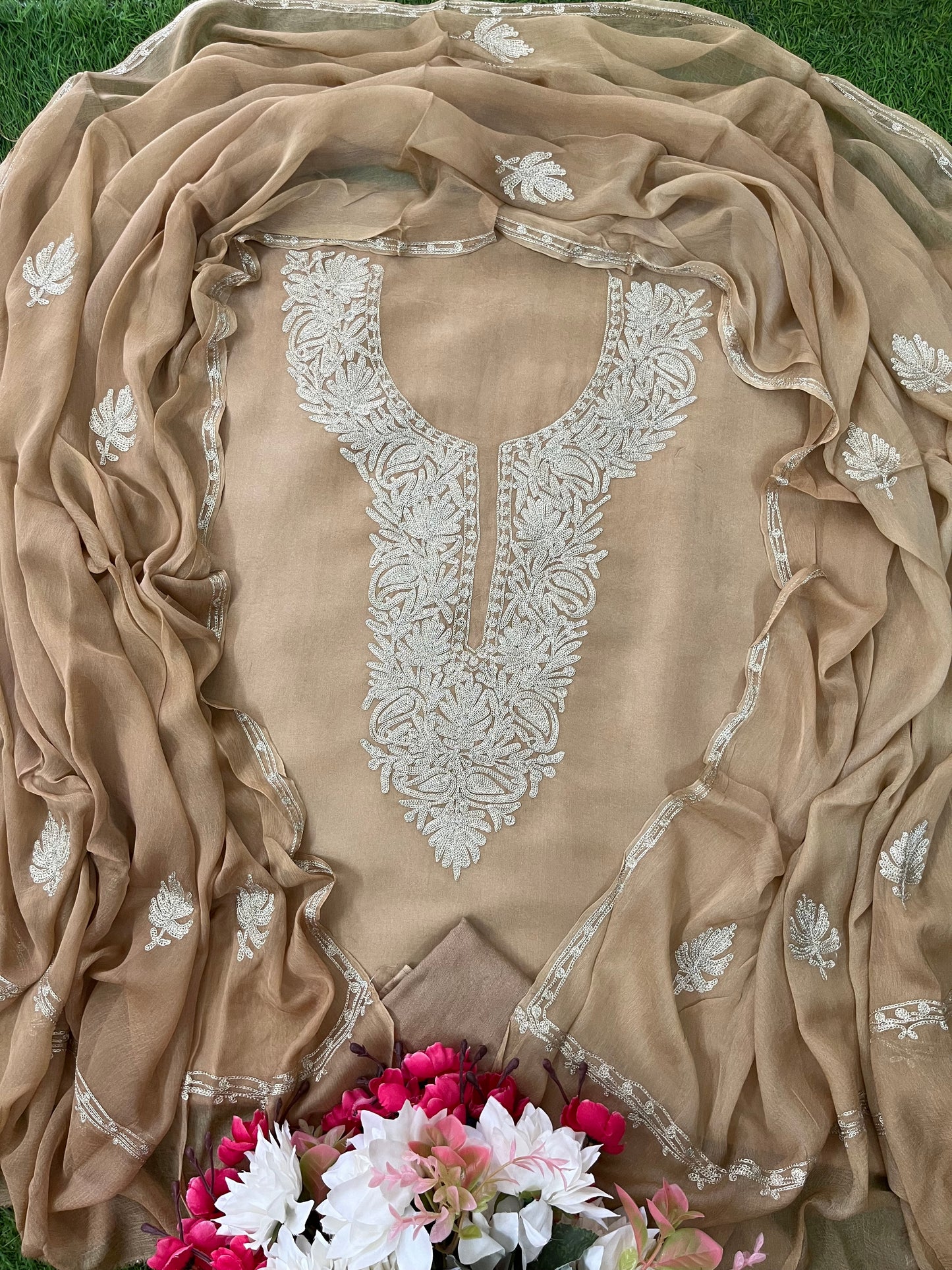 Sanam’ Golden Beige Silk Tilla Kashmiri Suit