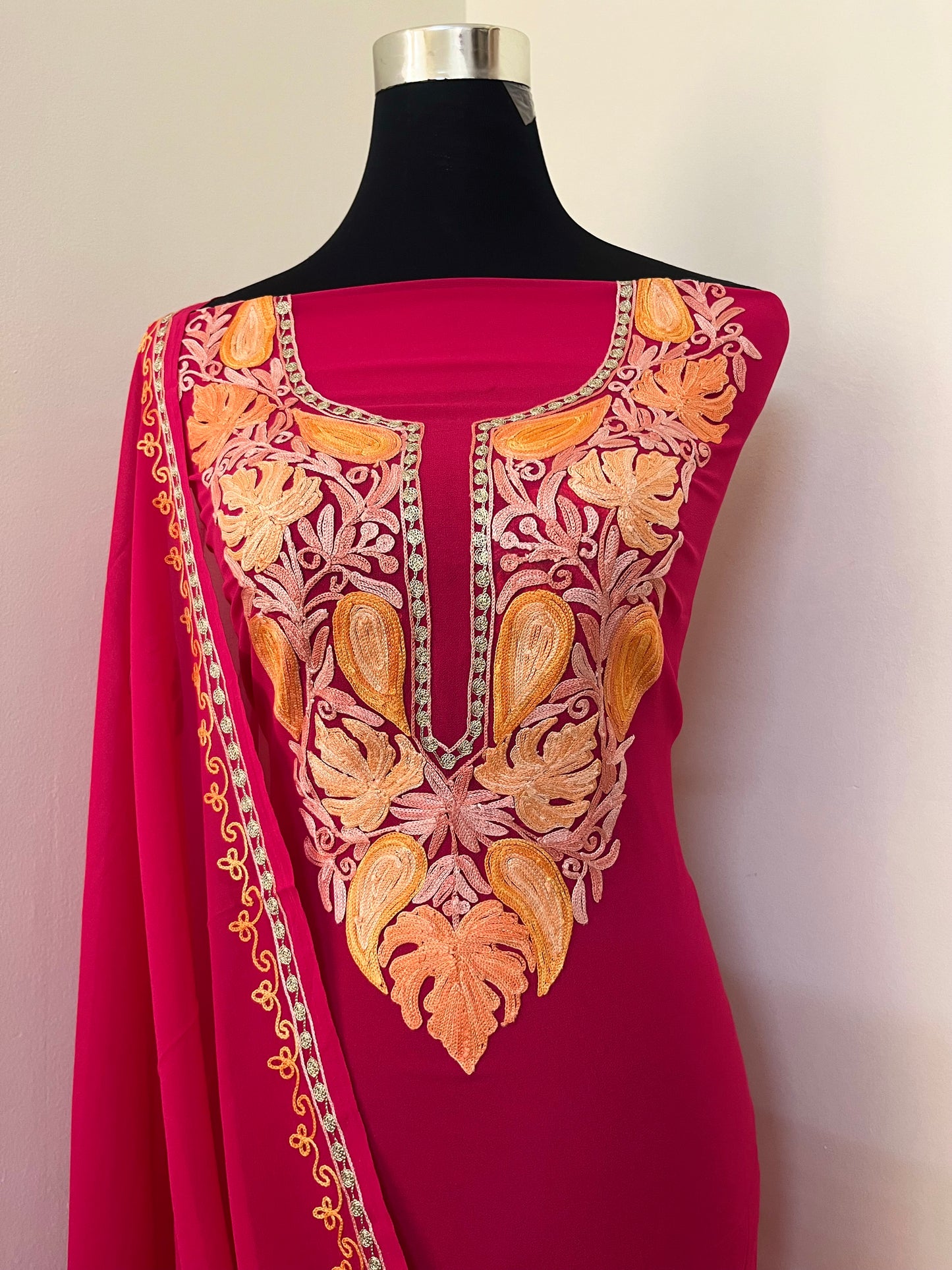 Hot Pink Georgette Shirt and Dupatta Aari Embroidered Suit