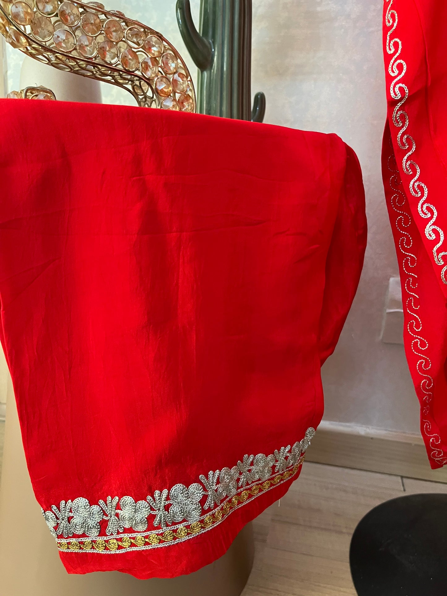 Red Crape Kashmiri Kaftan Set