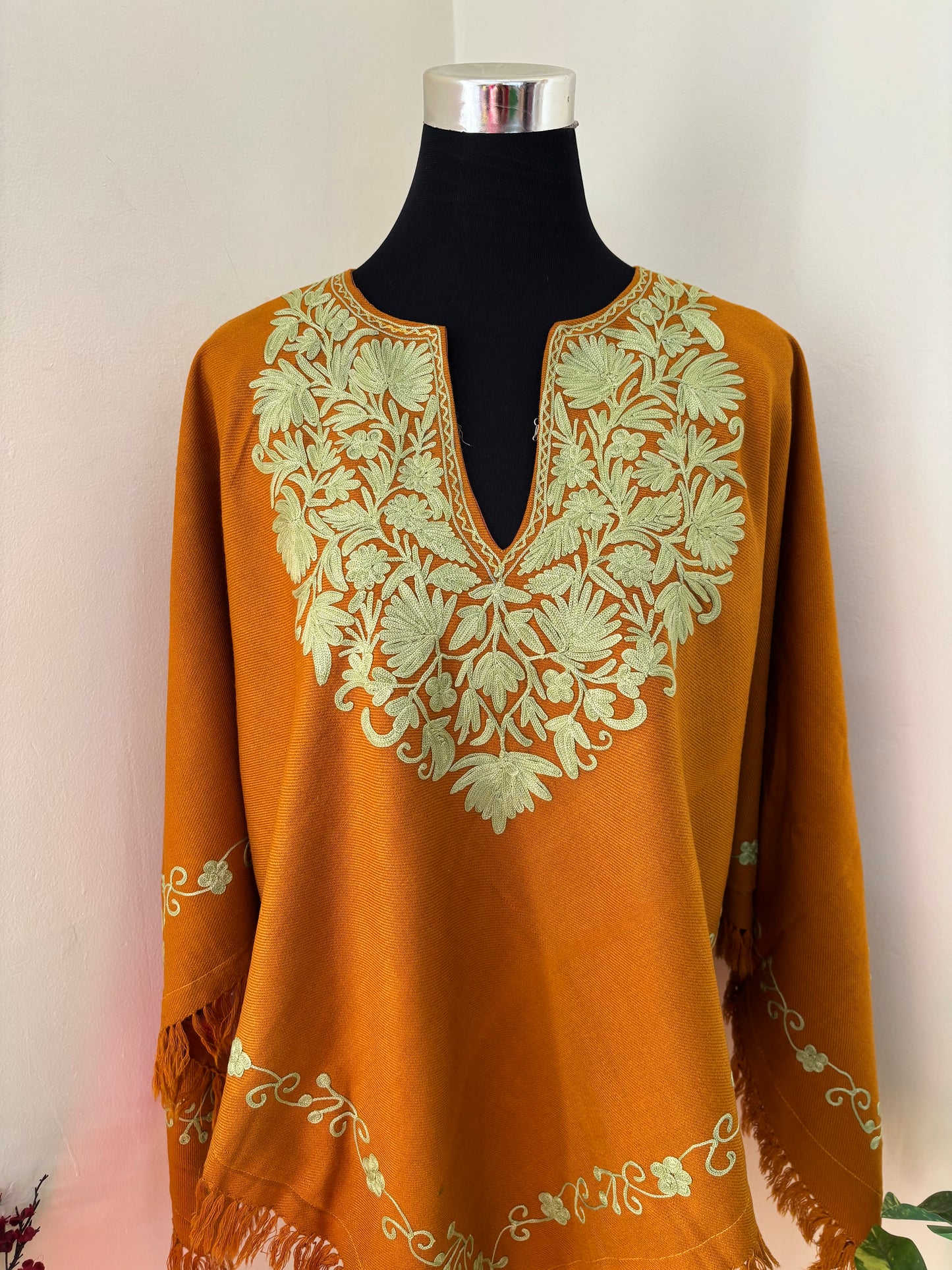 Mustard Orange Aari Embroidered Wool Poncho